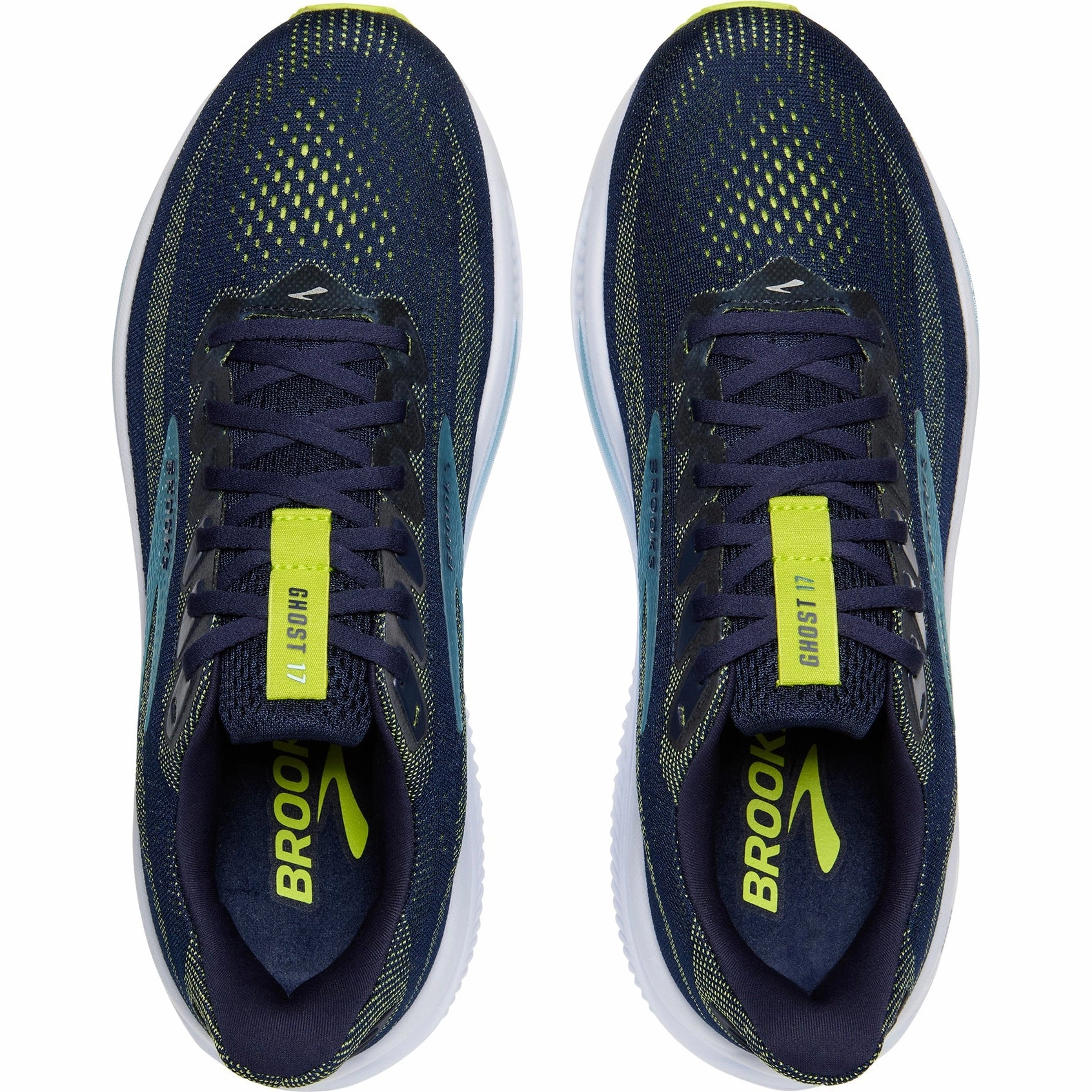 Men's Ghost 17 Wide Fit Running Shoes Peacoat / Lime / Blue running in a suburban area shoes