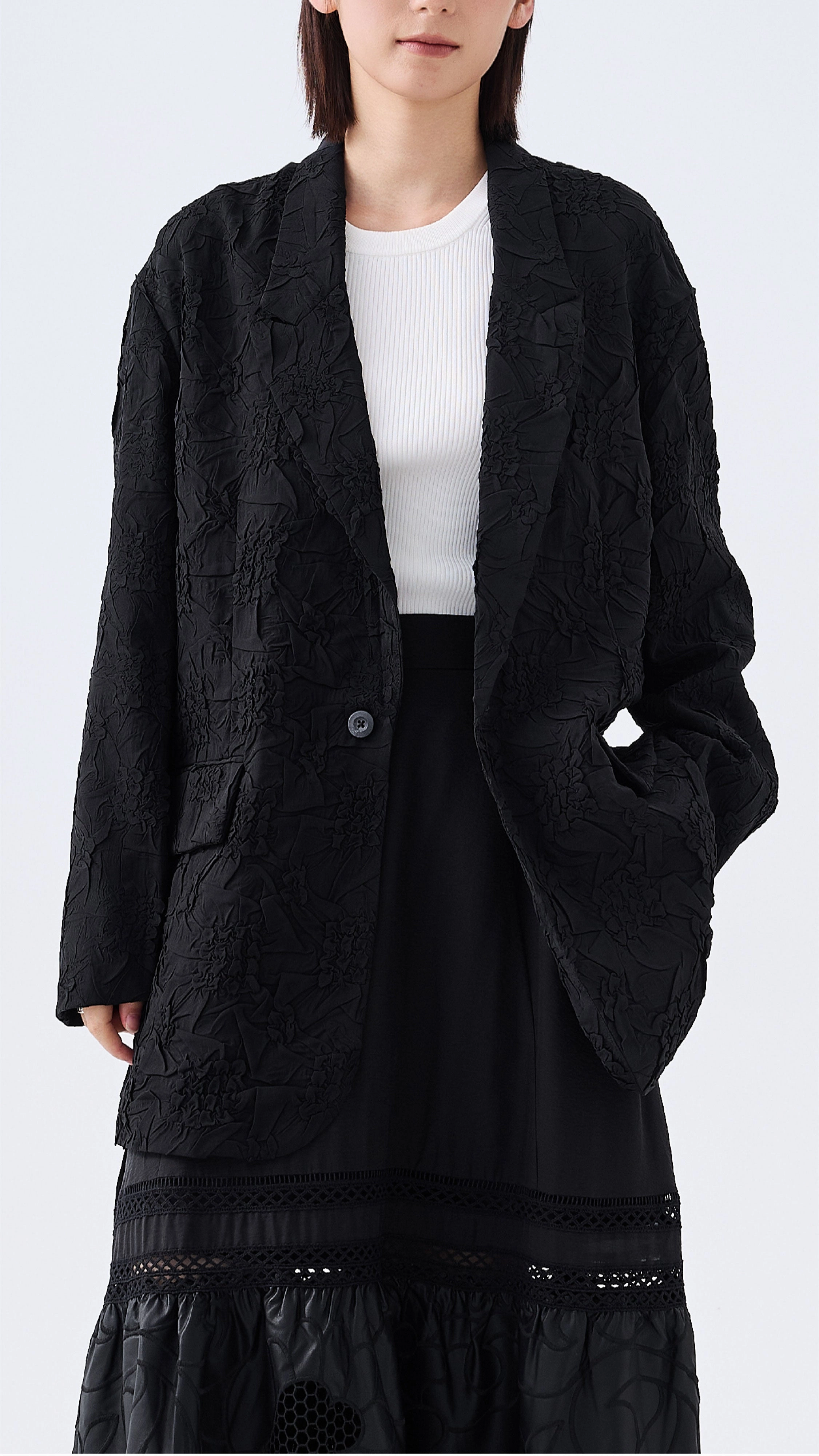 Texture Blazer Faux Fur Collar