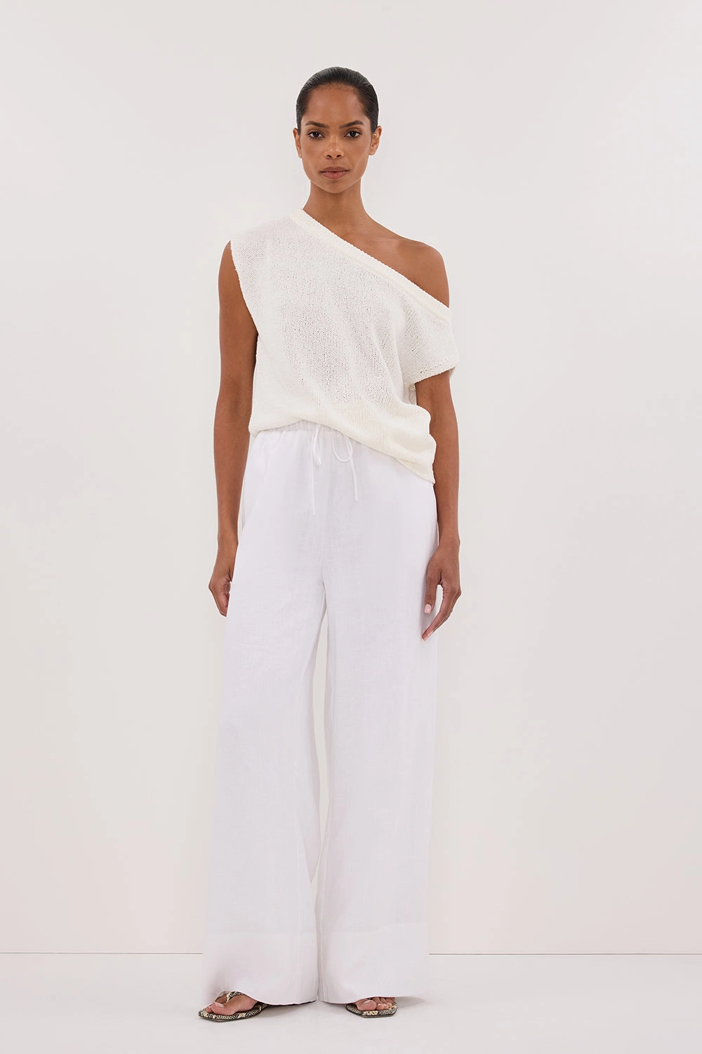 GINA WHITE LINEN ELASTIC WAIST PANT Mesh Panel