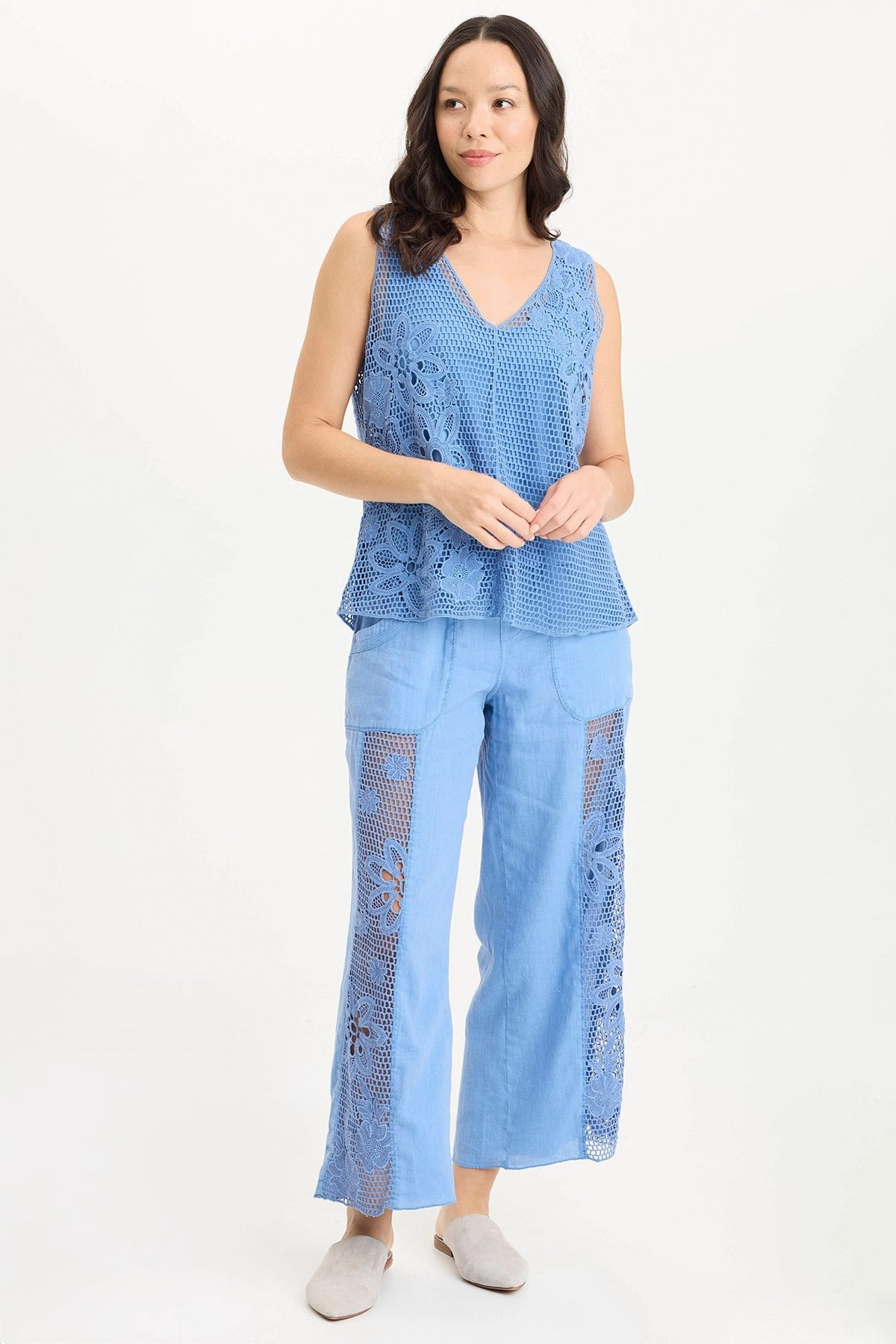 Rokel Linen/Crochet Ruched Wide Leg Pant Versatile Comfort