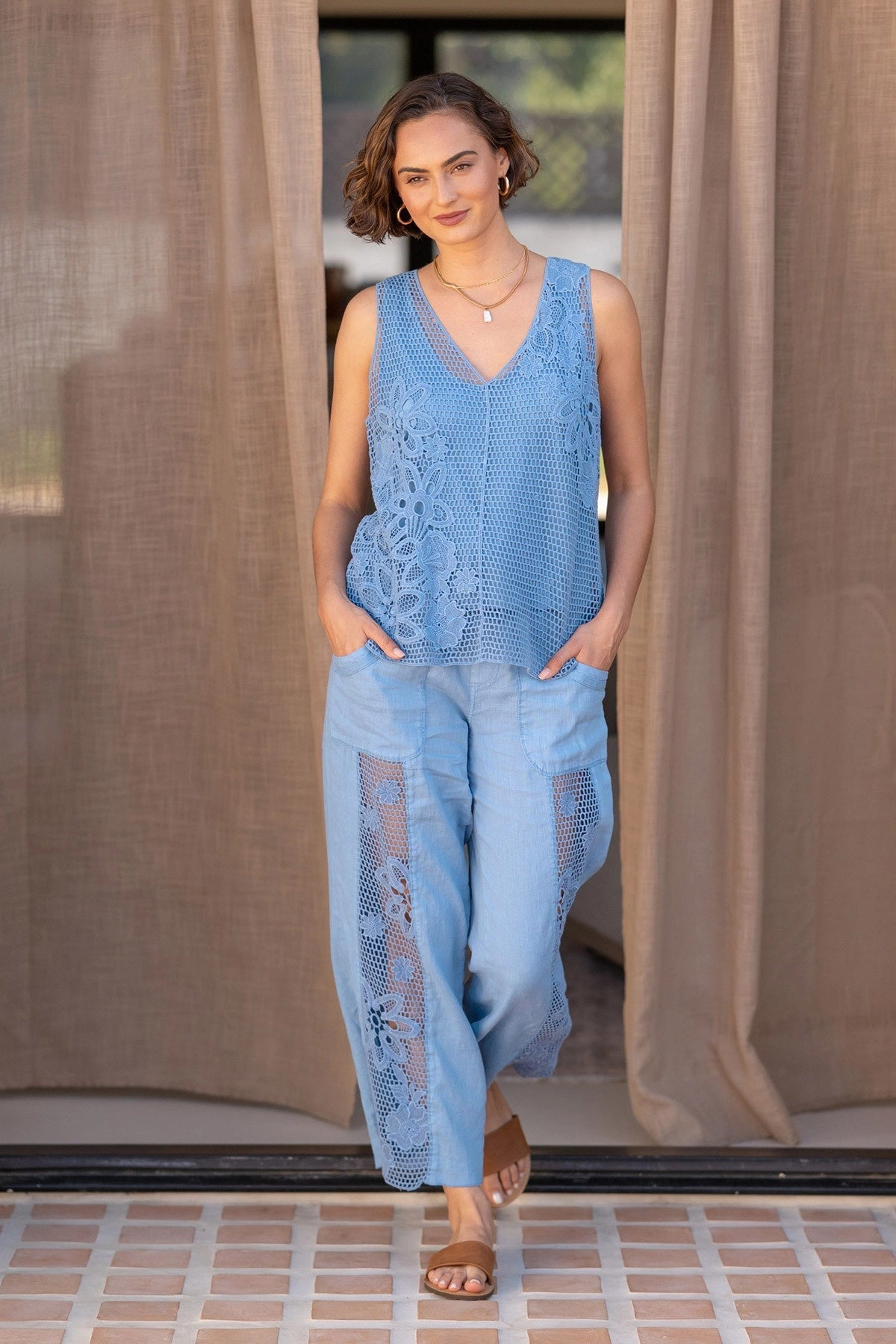 Rokel Linen/Crochet Ruched Wide Leg Pant Comfortable Layering