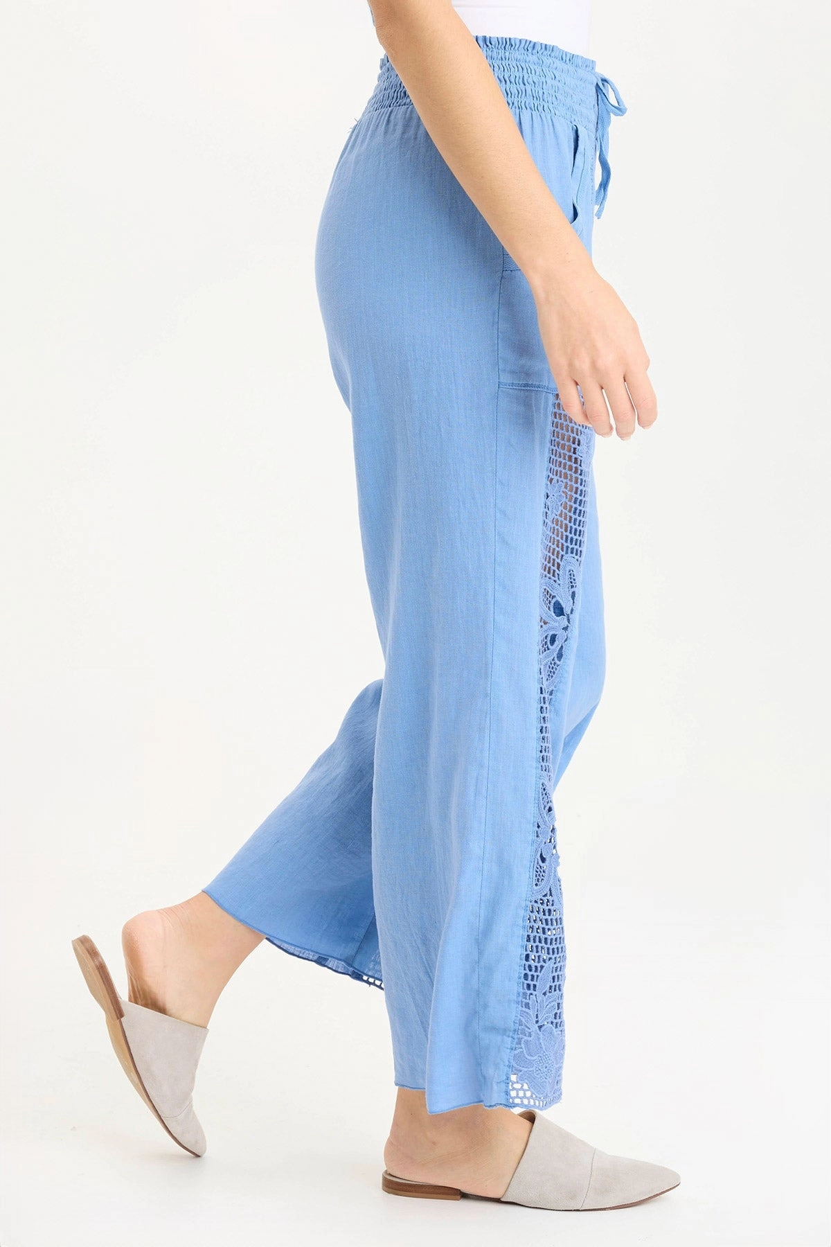 Rokel Linen/Crochet Ruched Wide Leg Pant Cozy and Relaxed Casual Comfort Fit