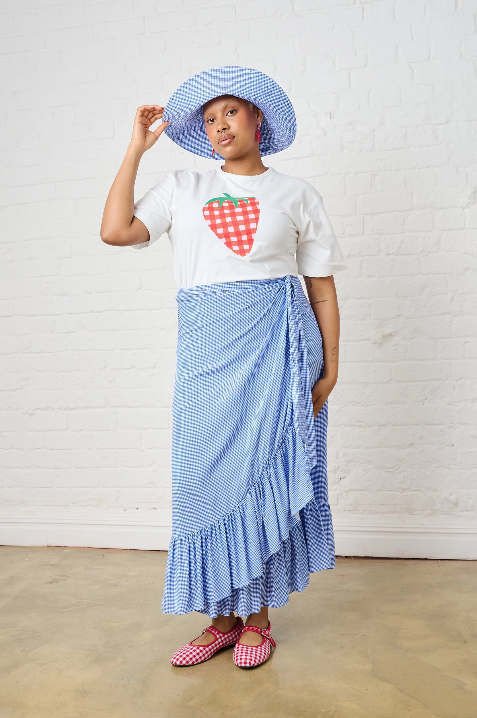 Non Irritating Texture Transitional Wear Ruffle Wrap Skirt in Mini Gingham