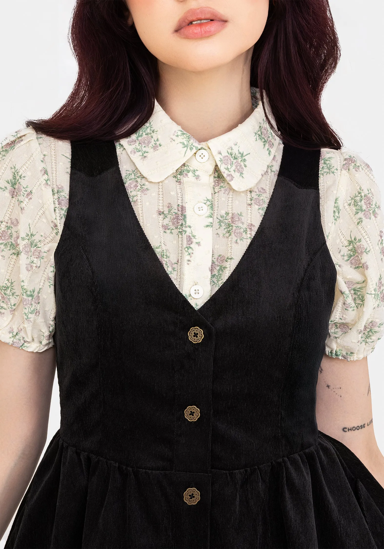 Iris Button Up Pinafore Mini Dress Invisible-Zip Delicate Finish