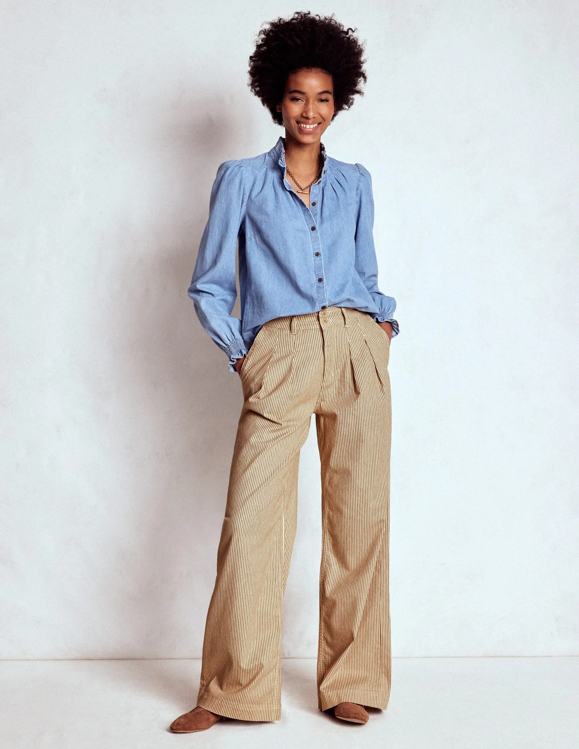 Seamless Design TaglessDesign Brompton Wide Leg Trousers-Tan and Ecru Stripe