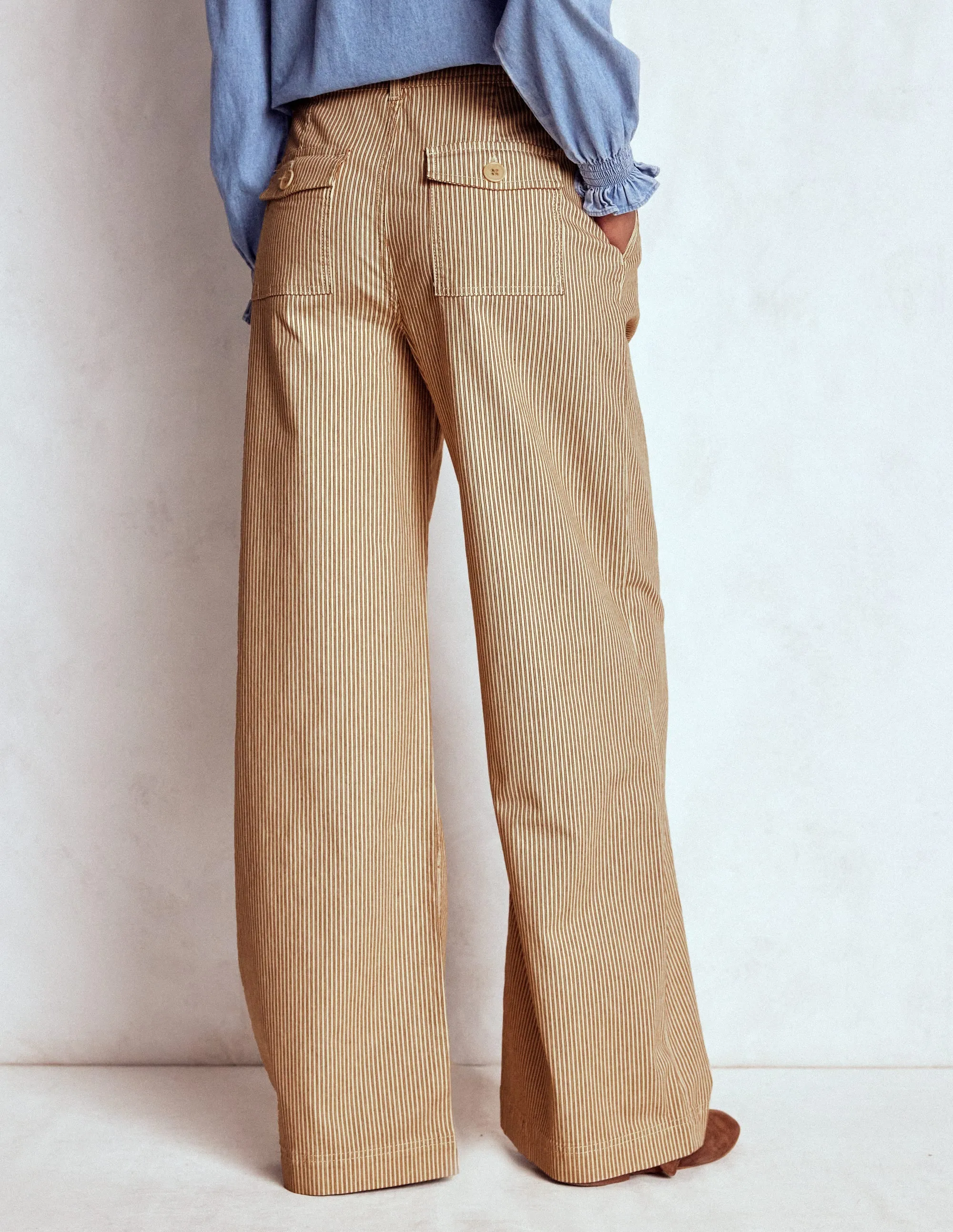 Brompton Wide Leg Trousers-Tan and Ecru Stripe Eco Friendly Fabric