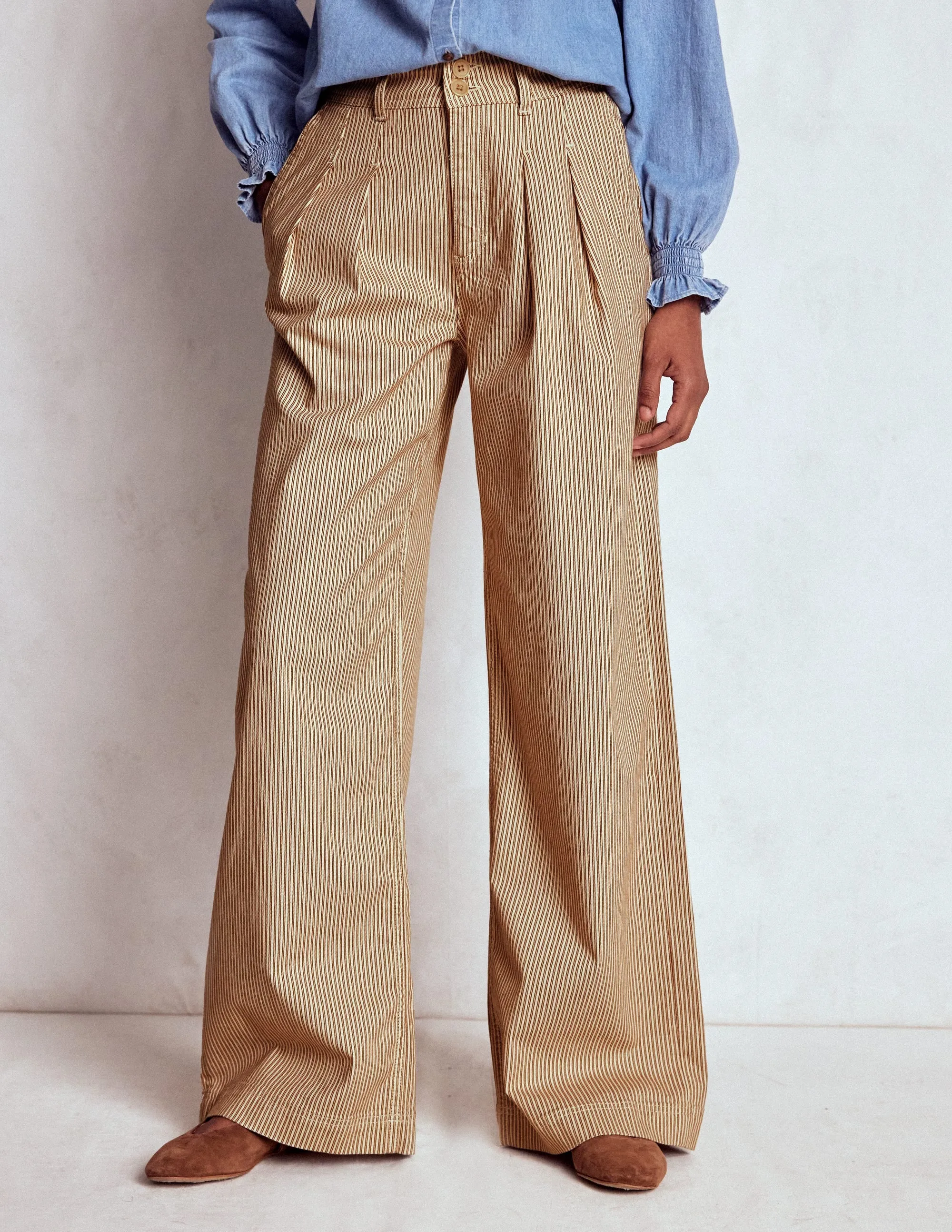 Brompton Wide Leg Trousers-Tan and Ecru Stripe Weekend Wear Soft Brushed Lining