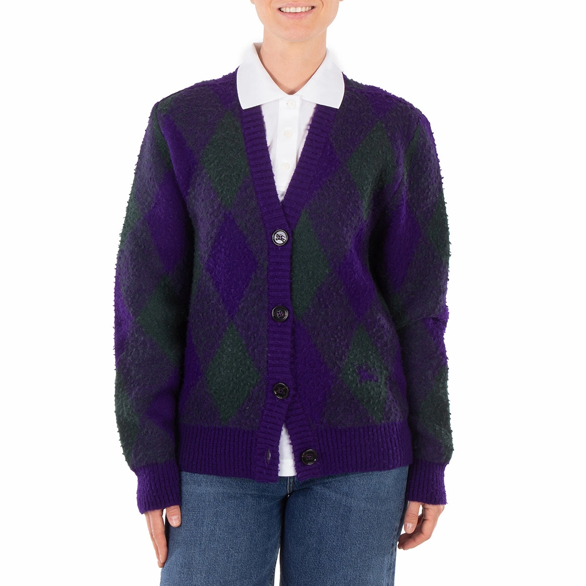 Waffle Knit Burberry Argyle-Intarsia-Knit V-Neck Wool Cardigan