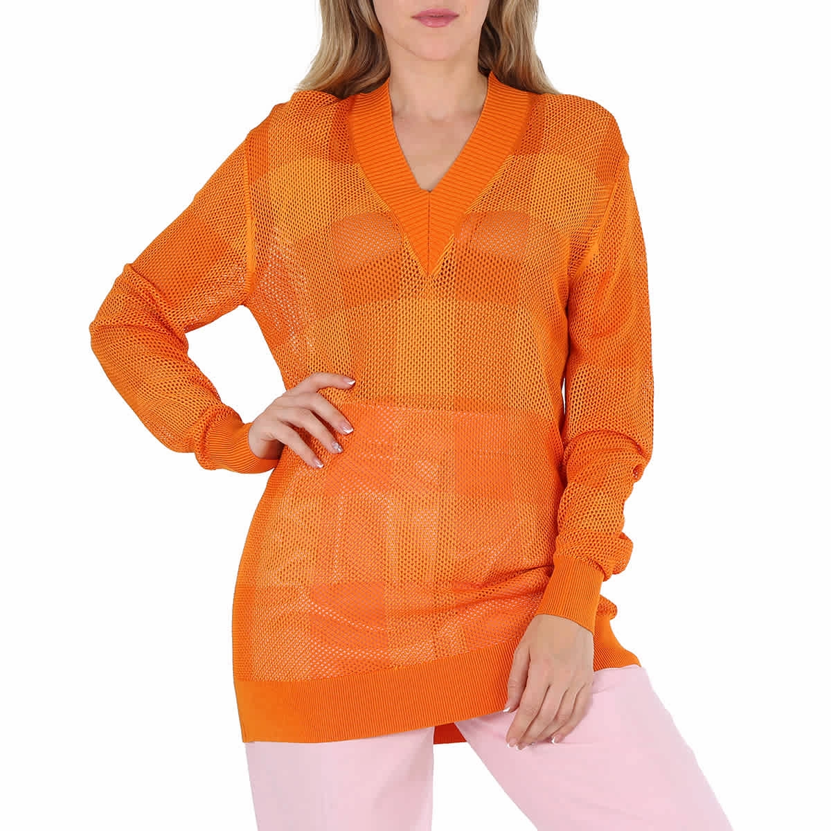 Burberry Ladies Deep Orange Zoie Check Mesh Lace V-Neck Jumper Layered Wear