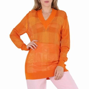 Burberry Ladies Deep Orange Zoie Check Mesh Lace V-Neck Jumper Winter-Ready Fashion Winter Knitwear