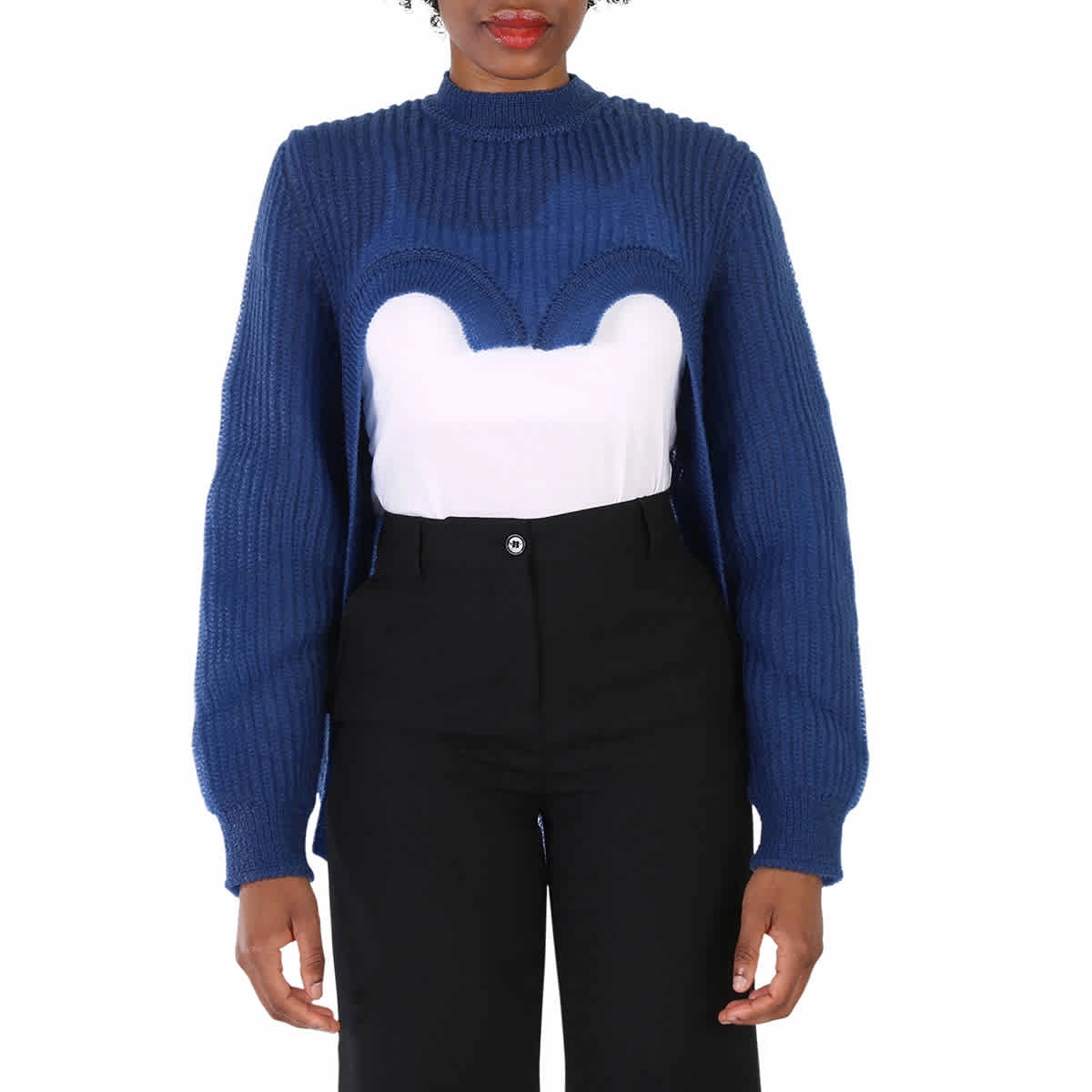 Burberry Ladies Warm Royal Blue Cut-Out Knit Technical Reconstructed Sweater Classic Look Comfy Layering