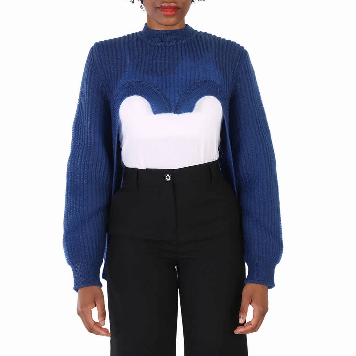 Fade Resistant Finish Comfy chic Burberry Ladies Warm Royal Blue Cut-Out Knit Technical Reconstructed Sweater