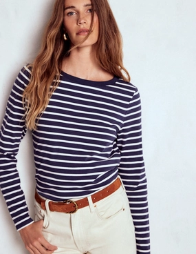 ButterySoft Texture Olivia Long Sleeve Breton-Navy, Ivory Versatile Layering Piece Long Sleeve Tee