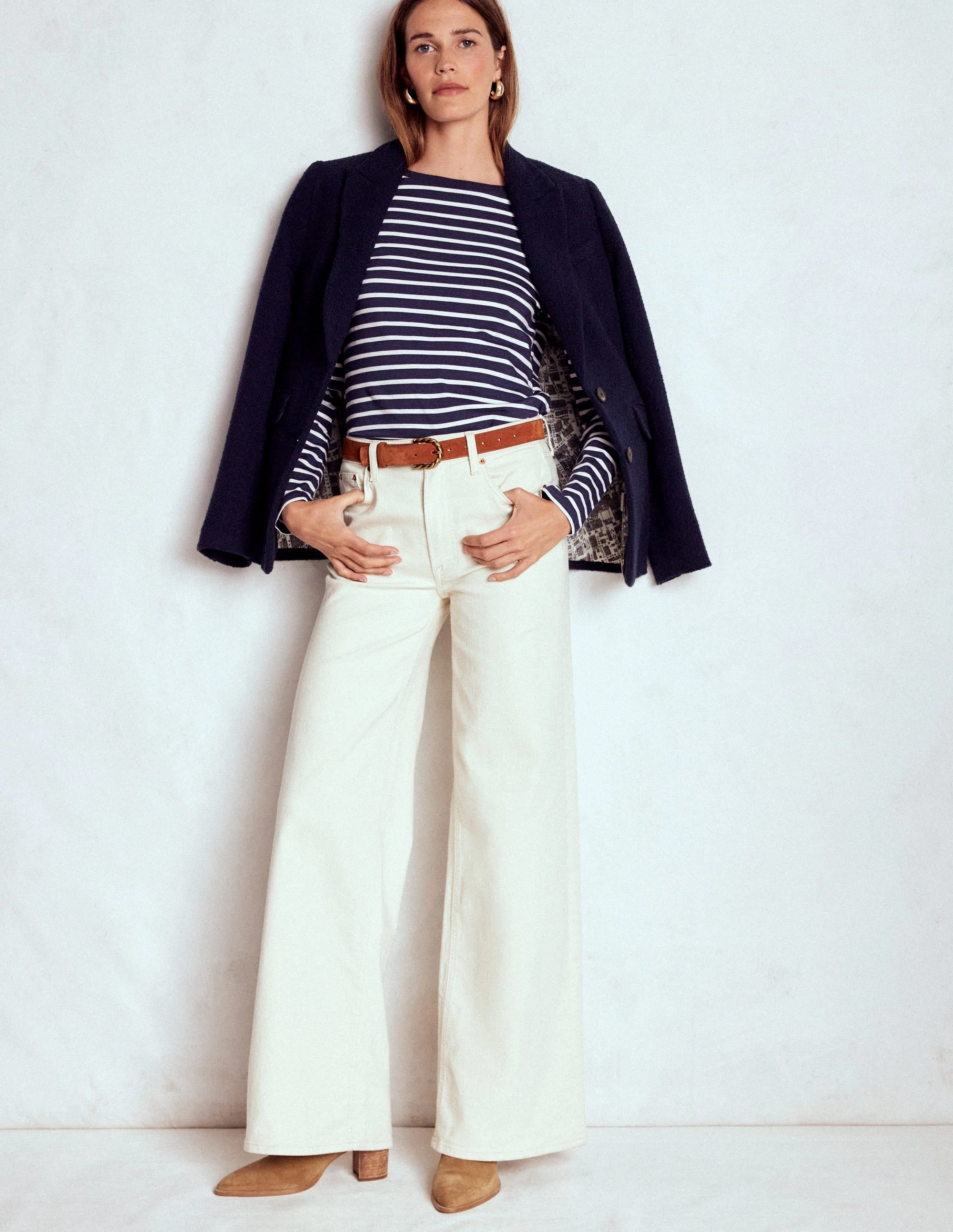 ButterySoft Texture Olivia Long Sleeve Breton-Navy, Ivory WrinkleFree Weaving Lightweight Weave