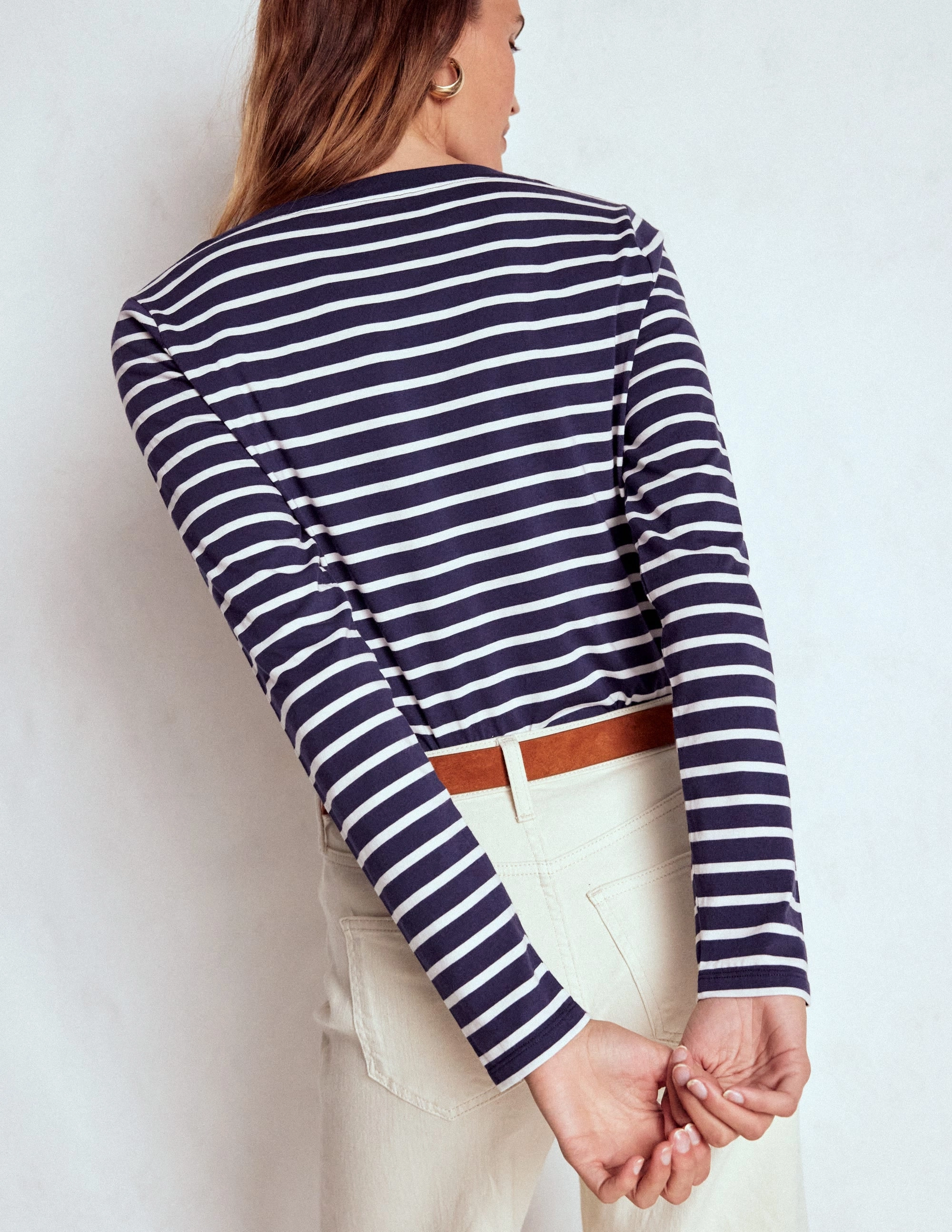 ButterySoft Texture Olivia Long Sleeve Breton-Navy, Ivory ReflectiveTrim Layered Shoulder