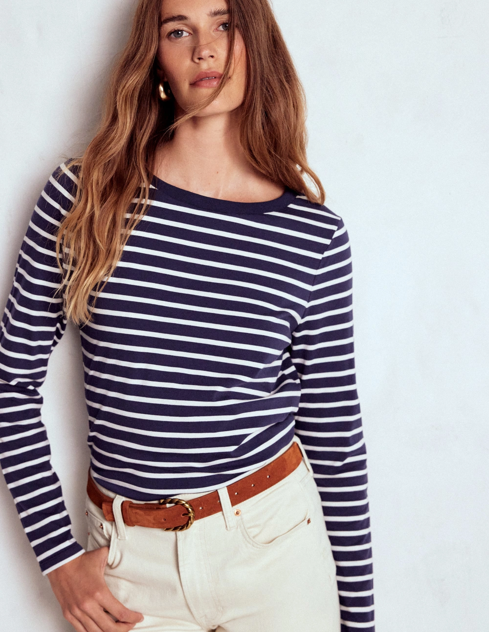 ButterySoft Texture Olivia Long Sleeve Breton-Navy, Ivory Versatile Layering Piece Long Sleeve Tee