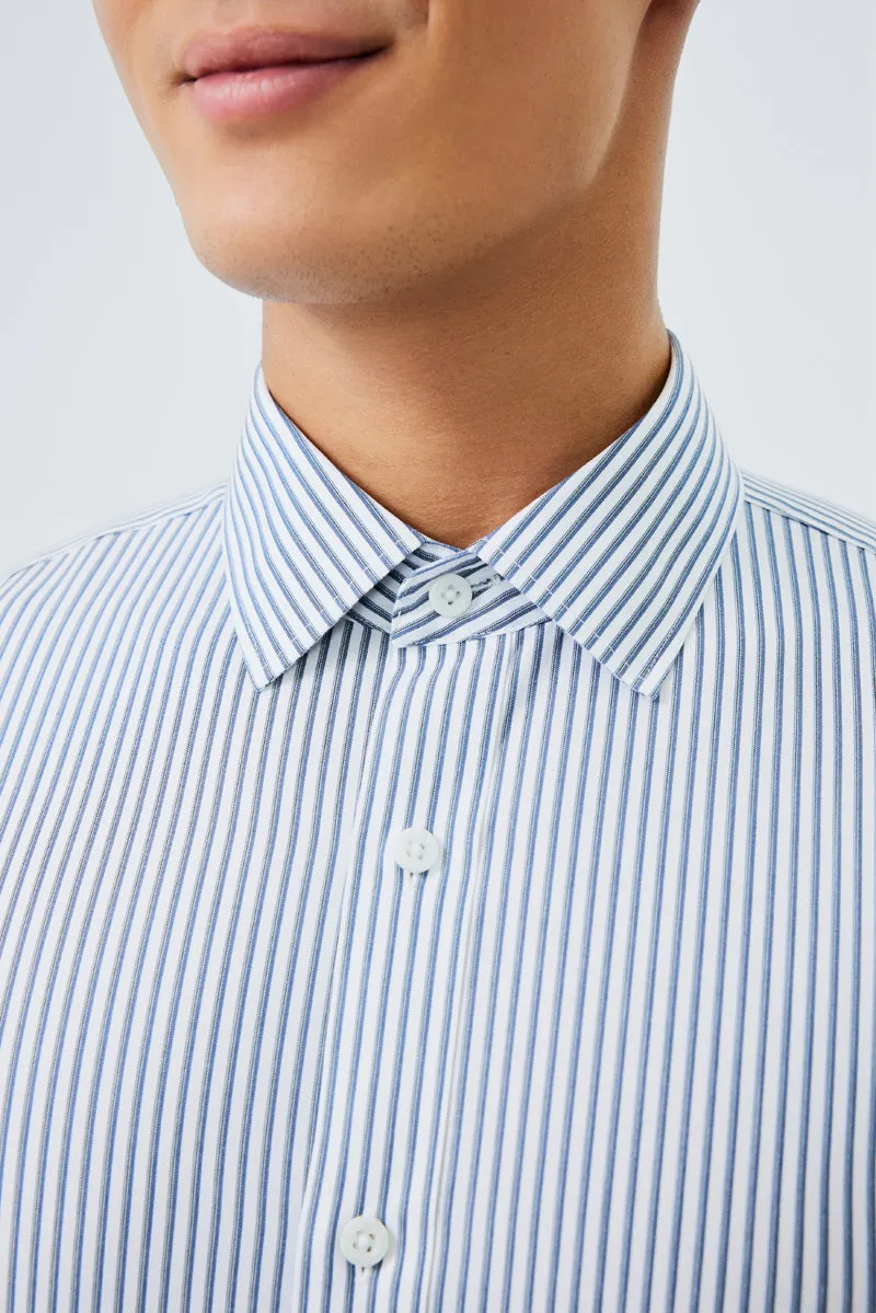 Button Down Design Chambray Fabric Waterless Dye Dress Shirt  | Dark Blue Stripes 22565N
