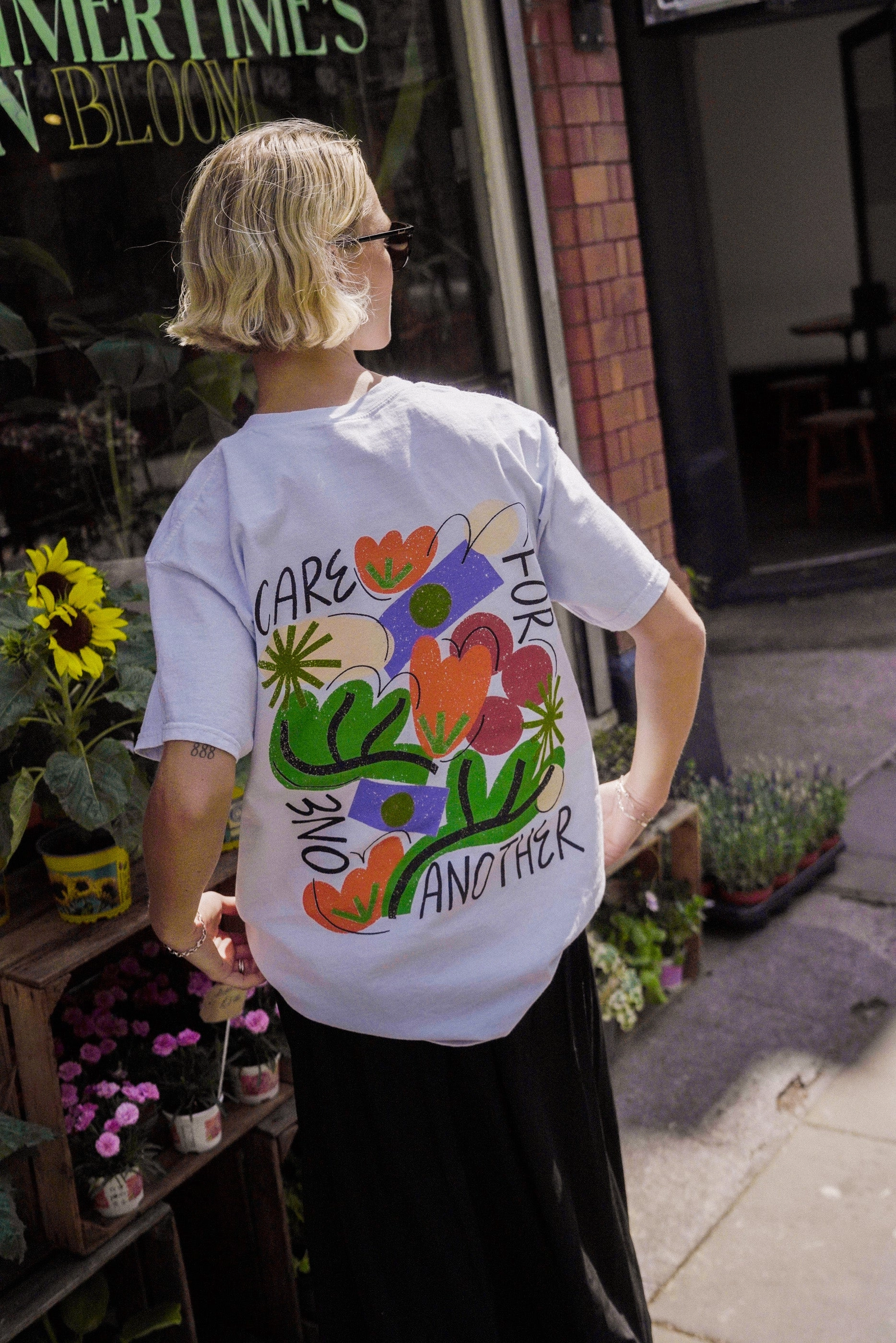 Relaxed Fit C.D x UN:IK 'Care For One Another' Washed Tee - Light Blue
