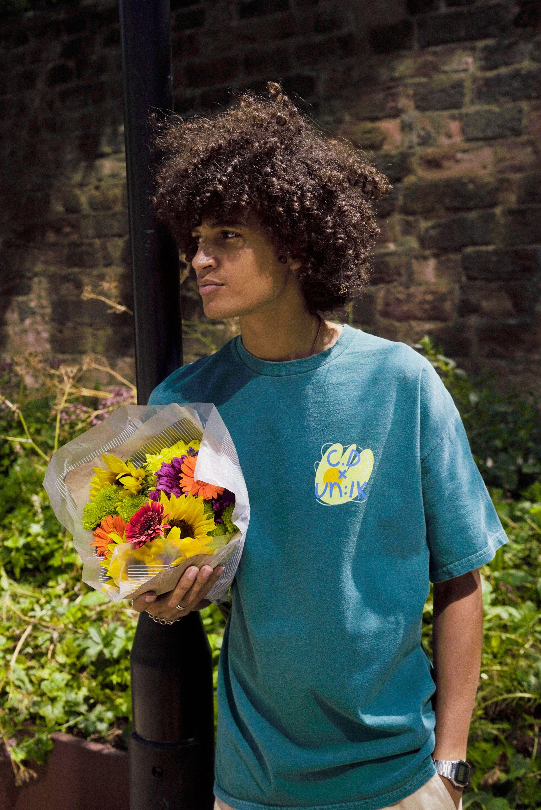 C.D x UN:IK 'Flower Garden' Washed Tee - Forest LayeredHemDetails