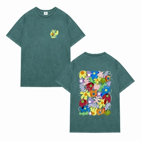 C.D x UN:IK 'Flower Garden' Washed Tee - Forest Comfortable Fit Wear anti static coating