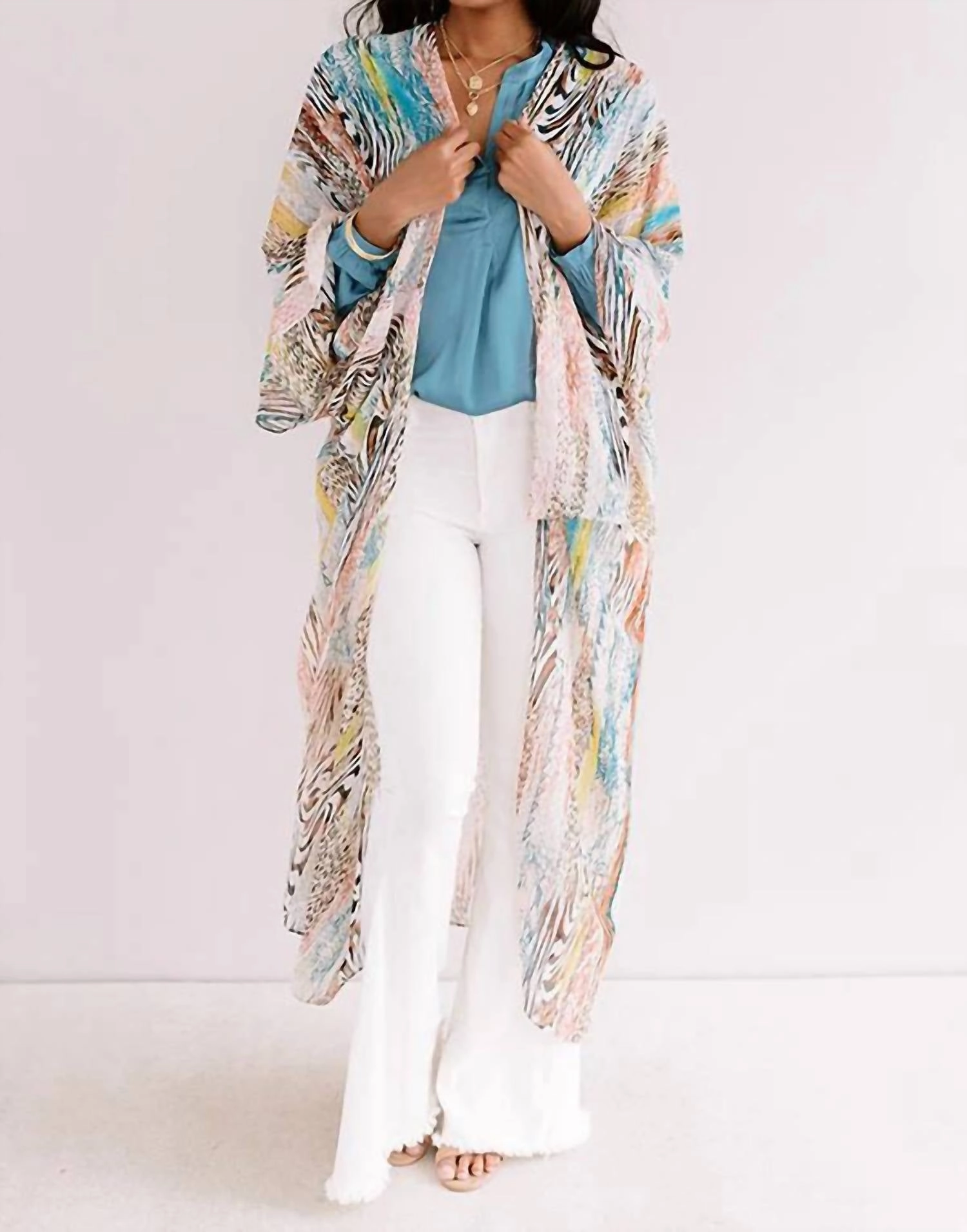 Cold Weather Outfit Comfy Warmth Cabana Beach Kimono In Peach & Teal