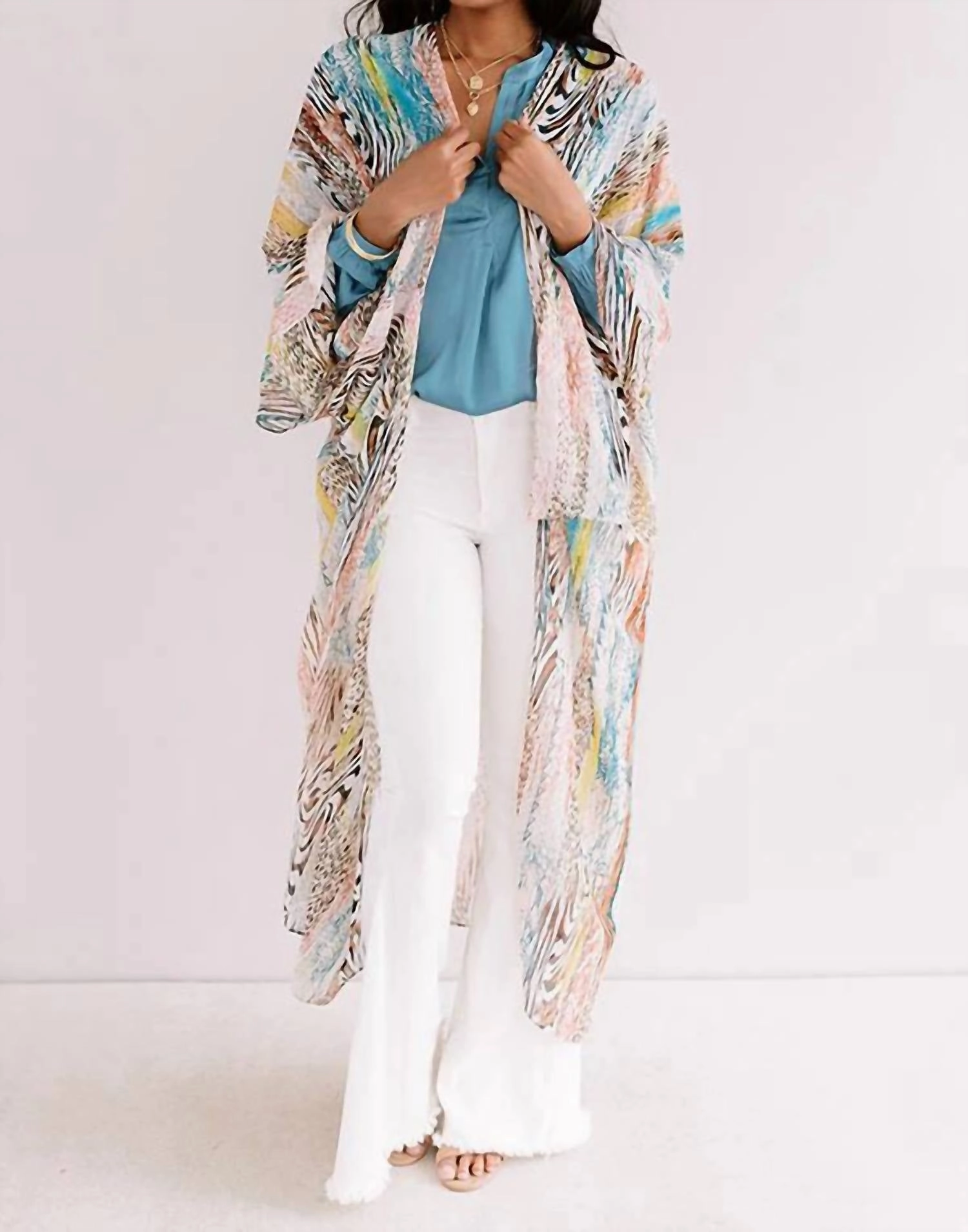 Cabana Beach Kimono In Peach & Teal Fade Resistant Finish