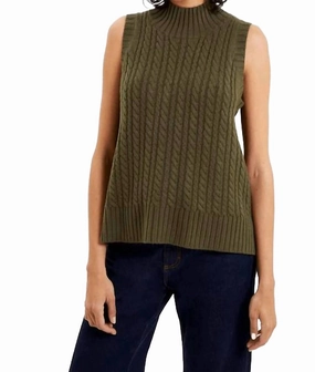 Cable Sleeveless Jumper In Olive Textured Weave