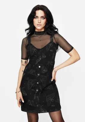 Fashion-Forward Fit Flattering Shape Callopistria Moth Print Denim Mini Apron Dress