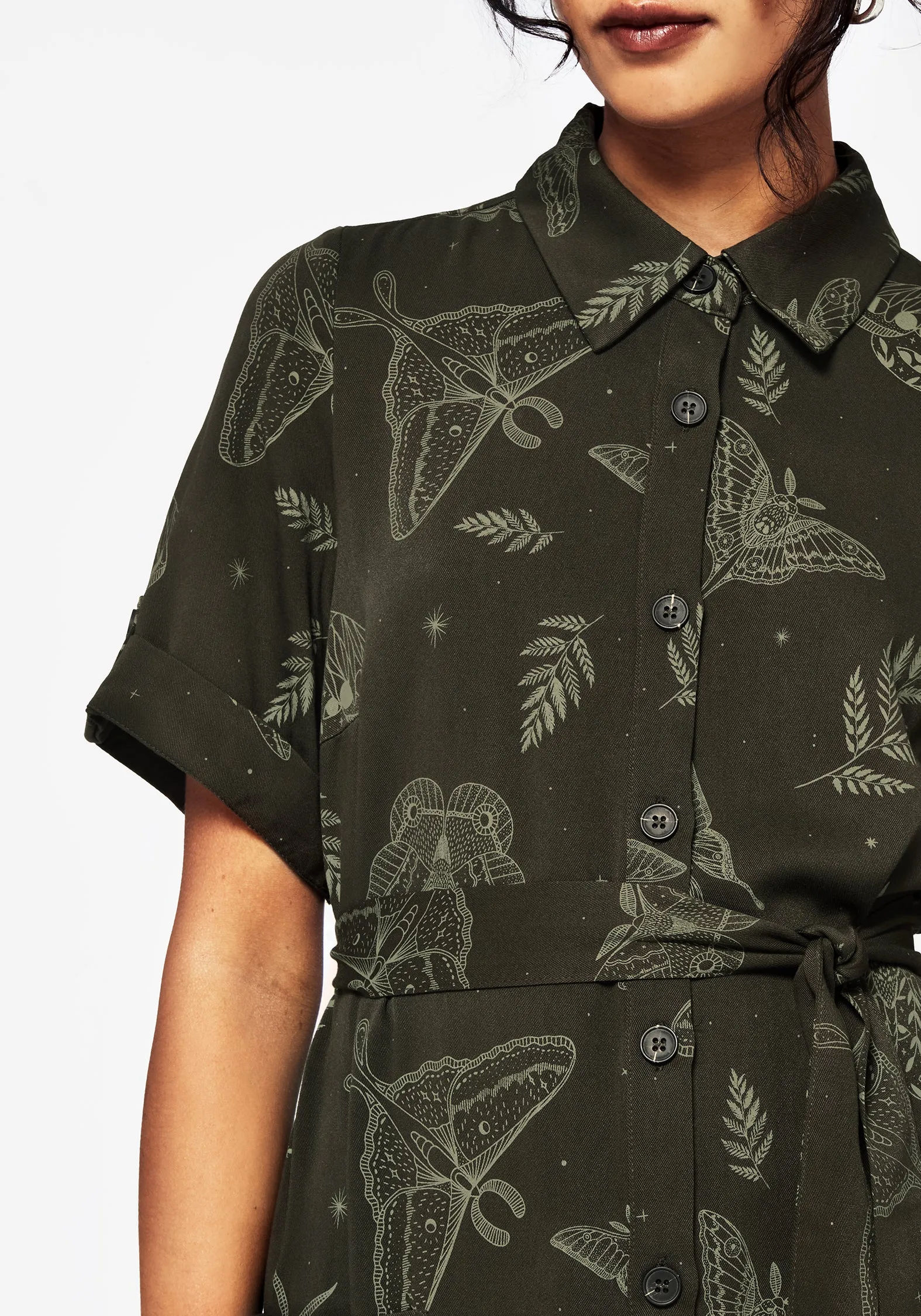 Callopistria Moth Print Midi Shirt Dress - Green Sleek long-sleeve dress Balanced Shape