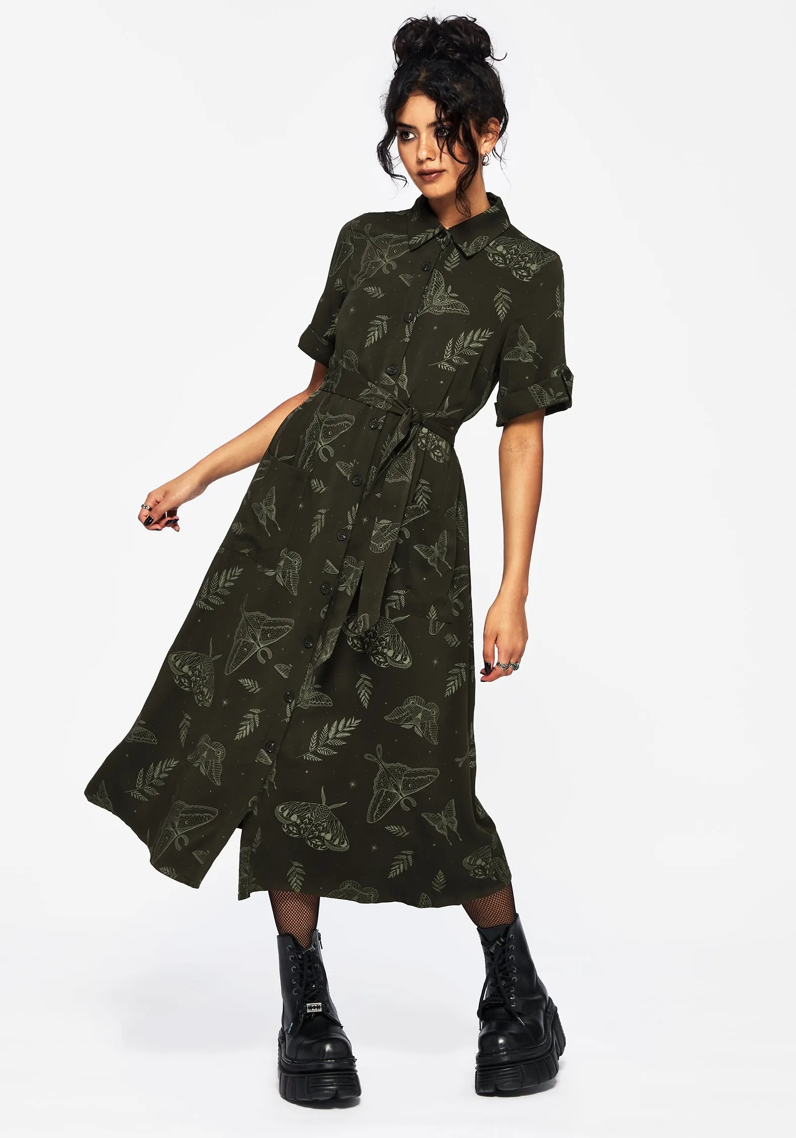 Callopistria Moth Print Midi Shirt Dress - Green Cozy Cut