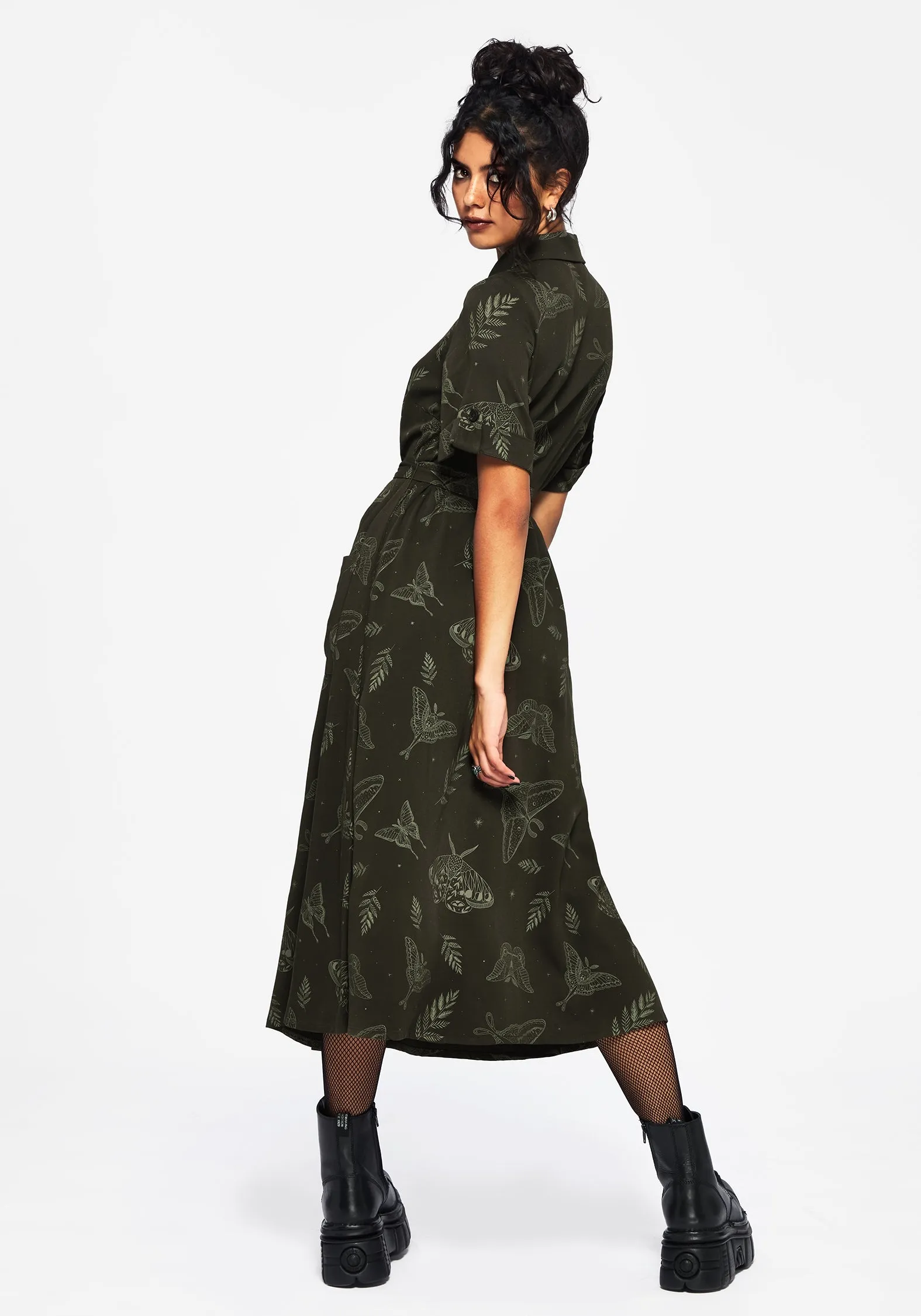 Ribbed-Texture Callopistria Moth Print Midi Shirt Dress - Green