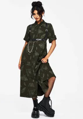 Callopistria Moth Print Midi Shirt Dress - Green Sheer Element