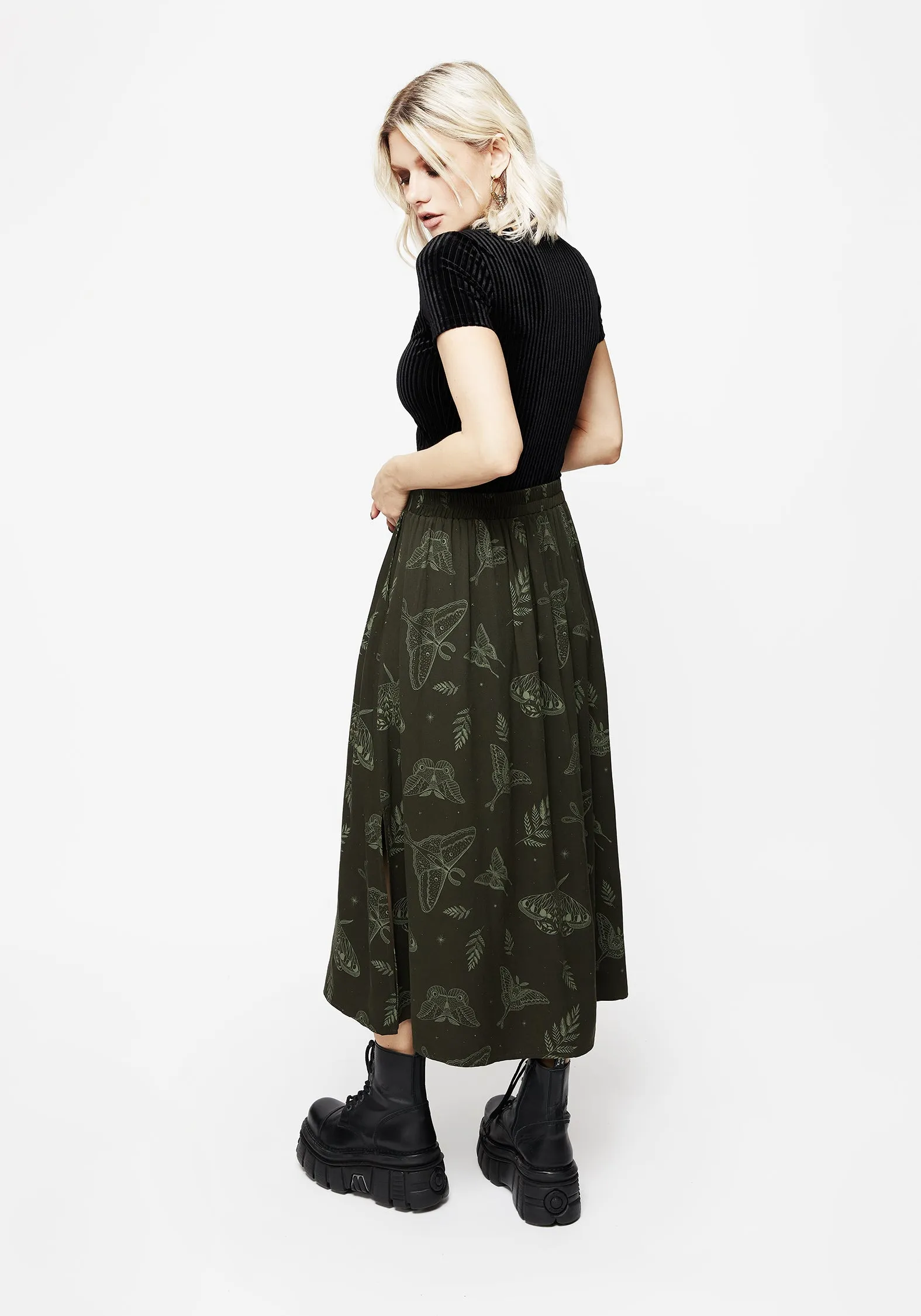 Bold Look Elevated Casual Callopistria Moth Print Midi Skirt - Green
