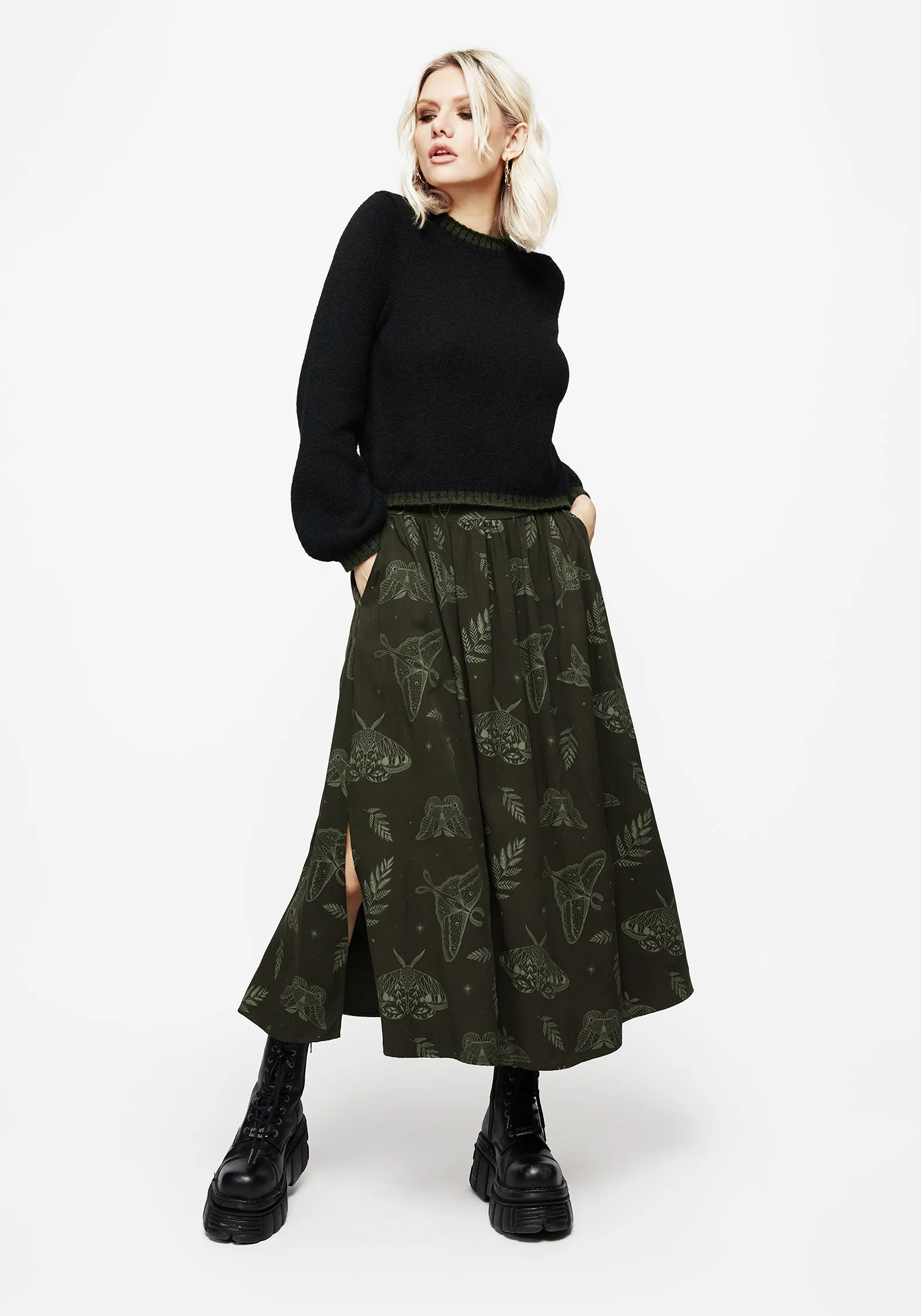 Callopistria Moth Print Midi Skirt - Green Soft Combo