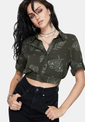 Youthful Style Chambray Fabric Callopistria Moth Print Short Sleeve Crop Shirt - Green
