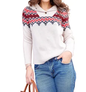 Lightweight Merino Stretch Fabric Camel Fair Isle Button Front Sweater In Ivory