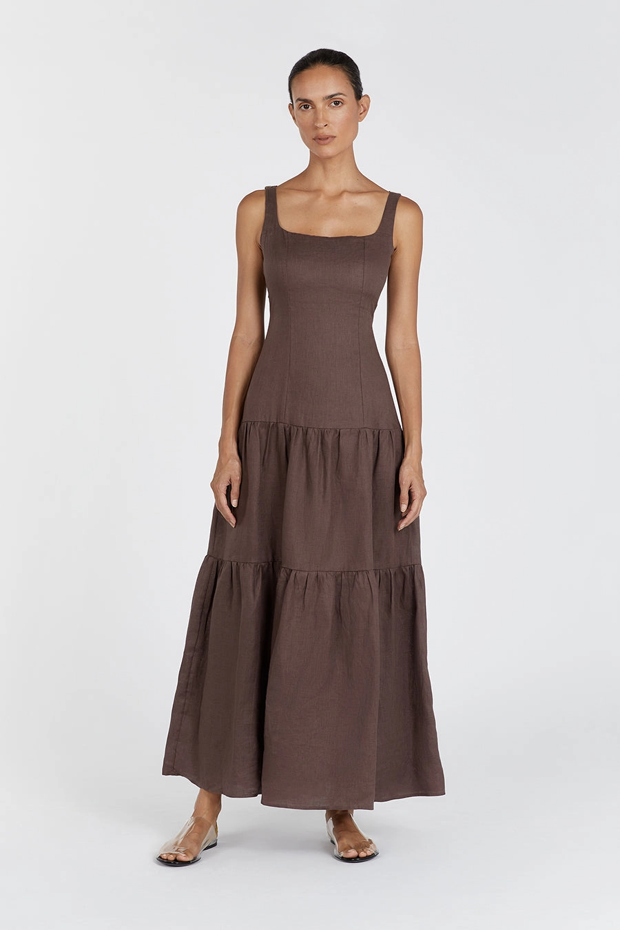 CAMILLE CHOCOLATE LINEN MAXI DRESS Polished Look Tall-Fit