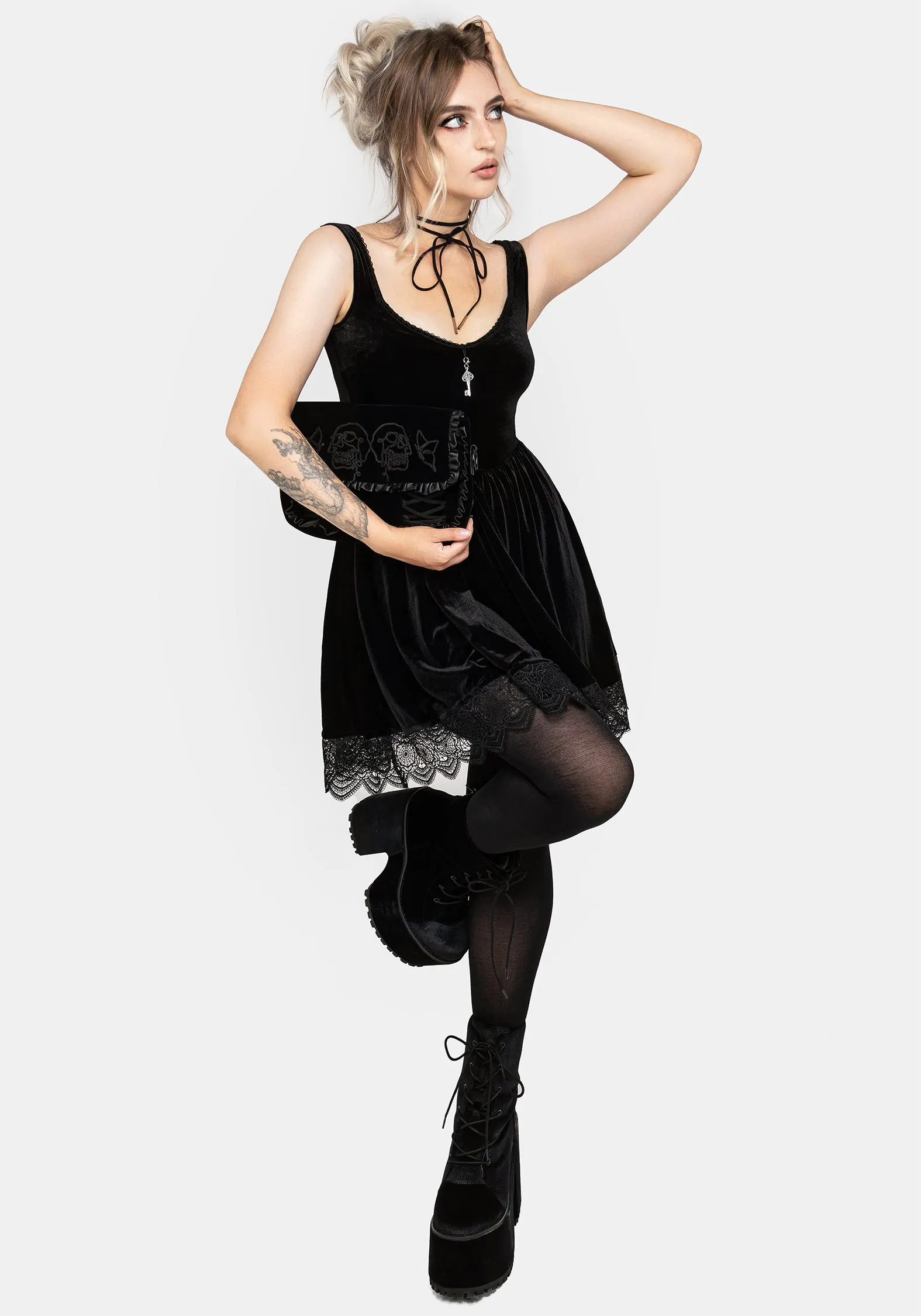 Orbweb Lace Hem Velour Mini Dress Skirt Flare Easy Elegance