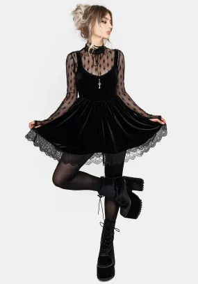 Elegant Layers Orbweb Lace Hem Velour Mini Dress
