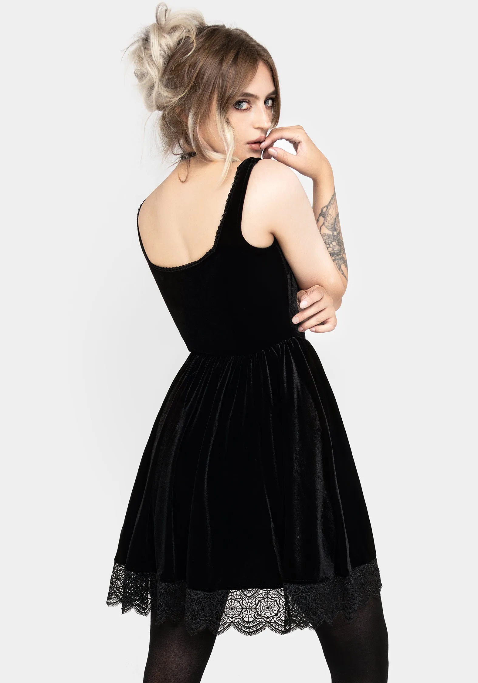 Orbweb Lace Hem Velour Mini Dress Modern Cut