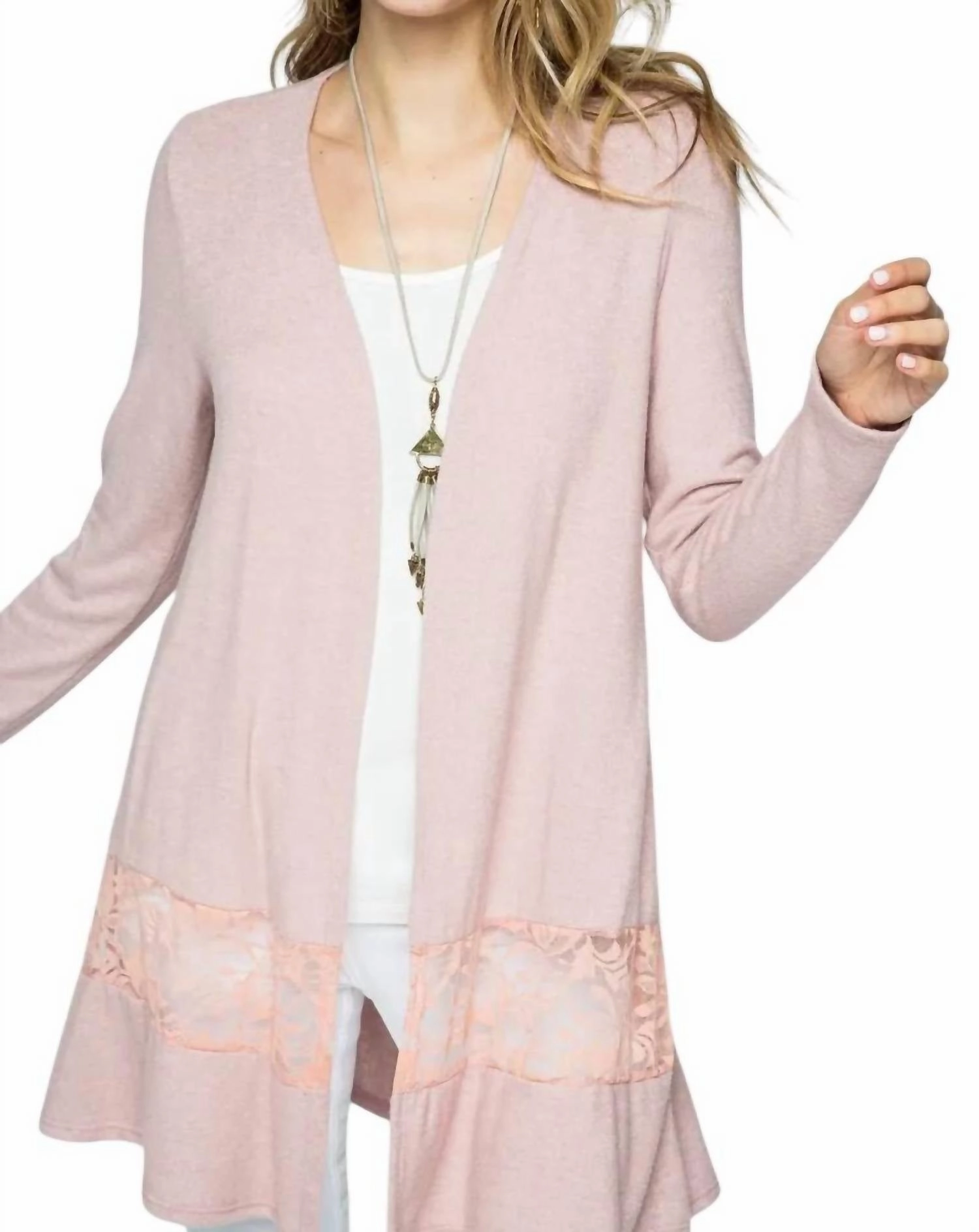 Timeless Fashion Cozy Essential Cardigan With Lace Detail In Mauve