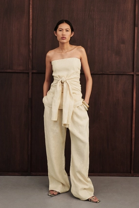 Form Fitting CARLA BUTTERMILK DRAWSTRING LINEN PANT