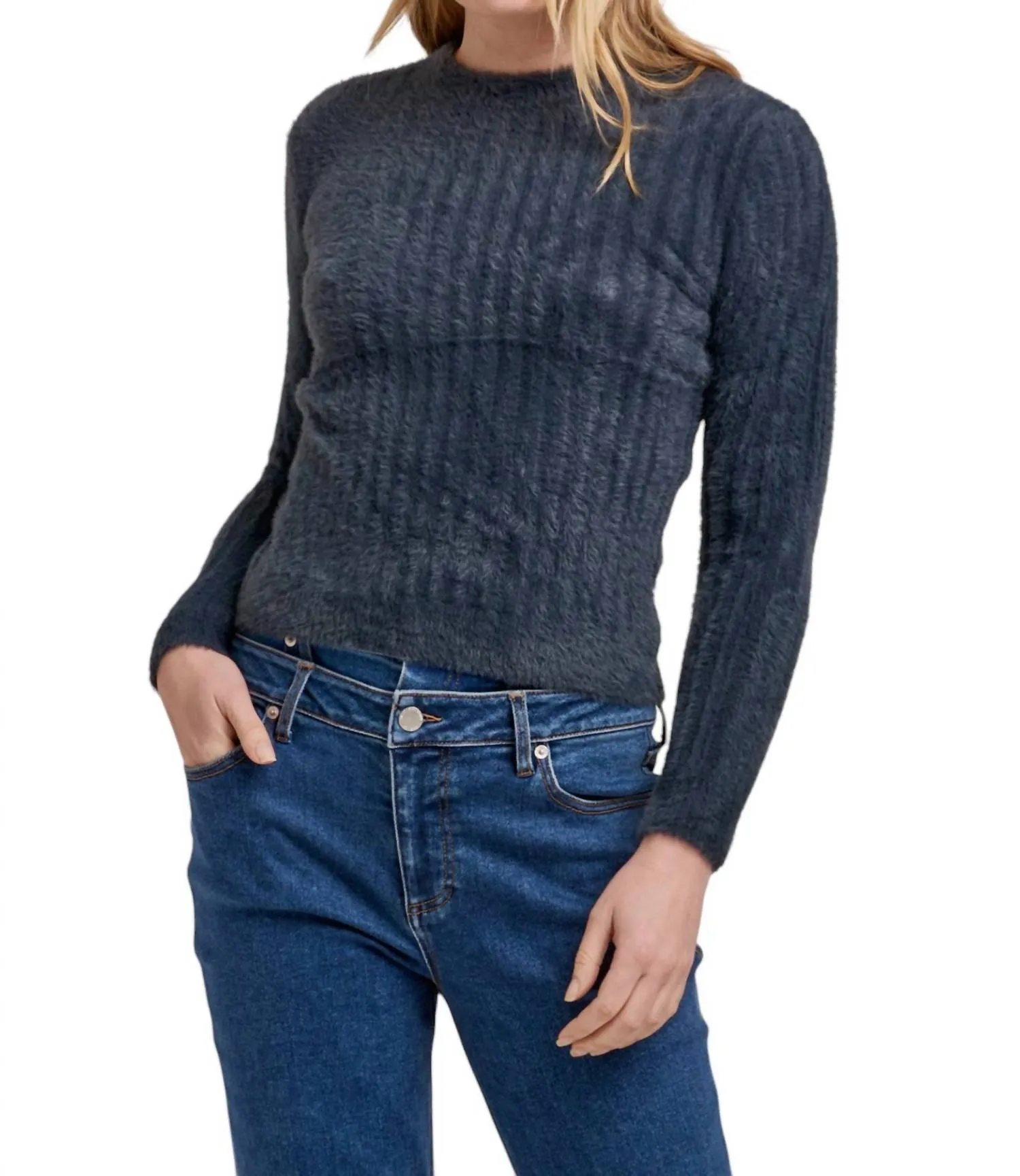 Fine Gauge Reinforced Shoulder Design Carrey Mid Neck Long Sleeve Sweater In Graphite