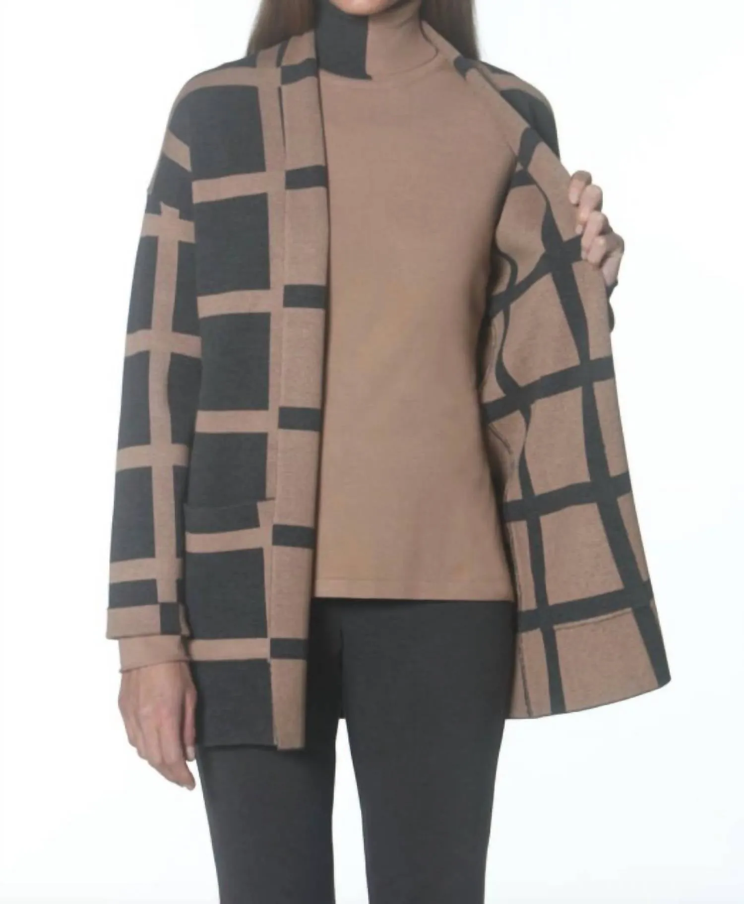 Reversible Cardigan In Charcoal/camel Cable Stitch Light Reflective Trim
