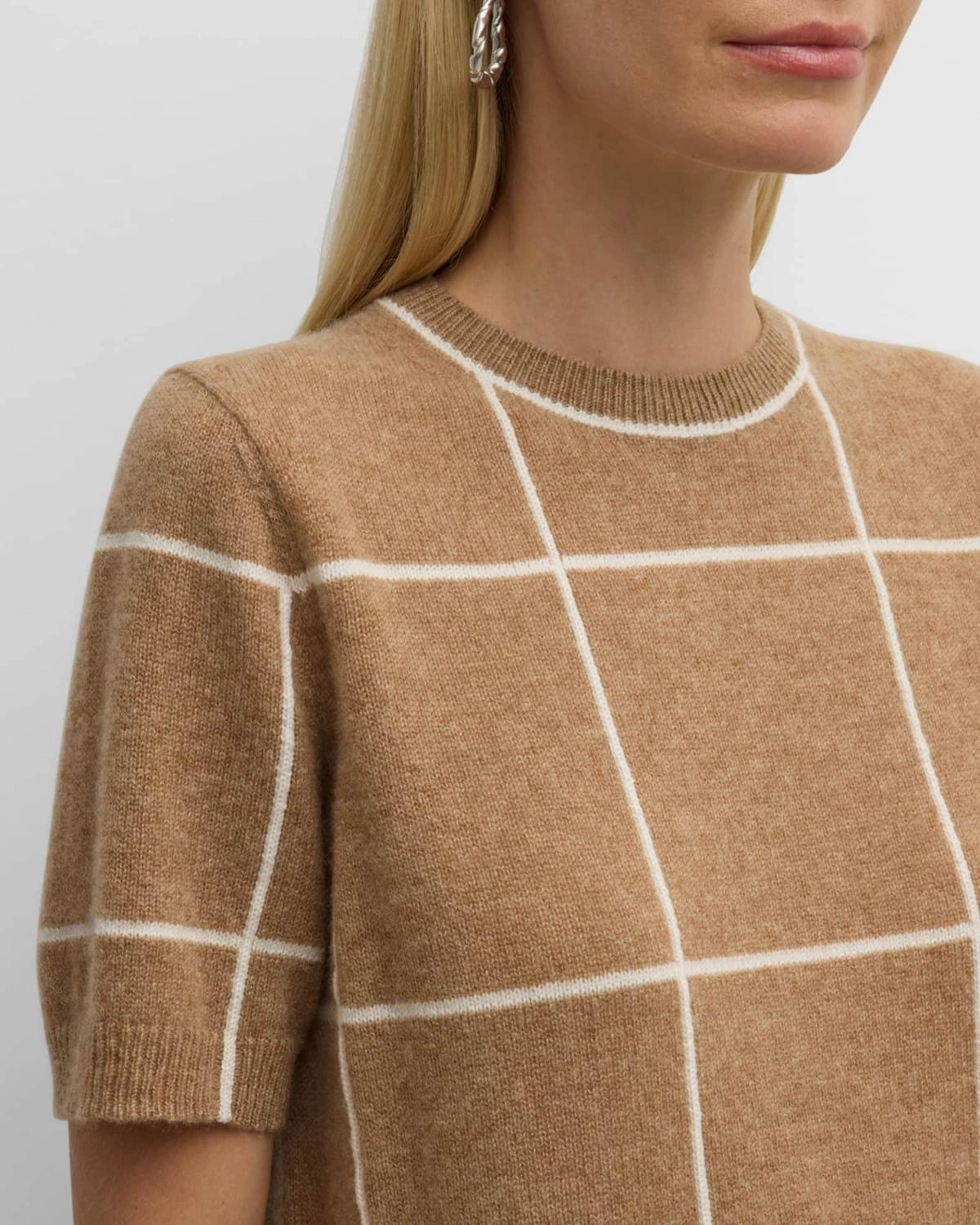 Cashmere Grid Intarsia Short-Sleeve Pullover In Camel Multi Stylish Layer Chilly Day Outfit