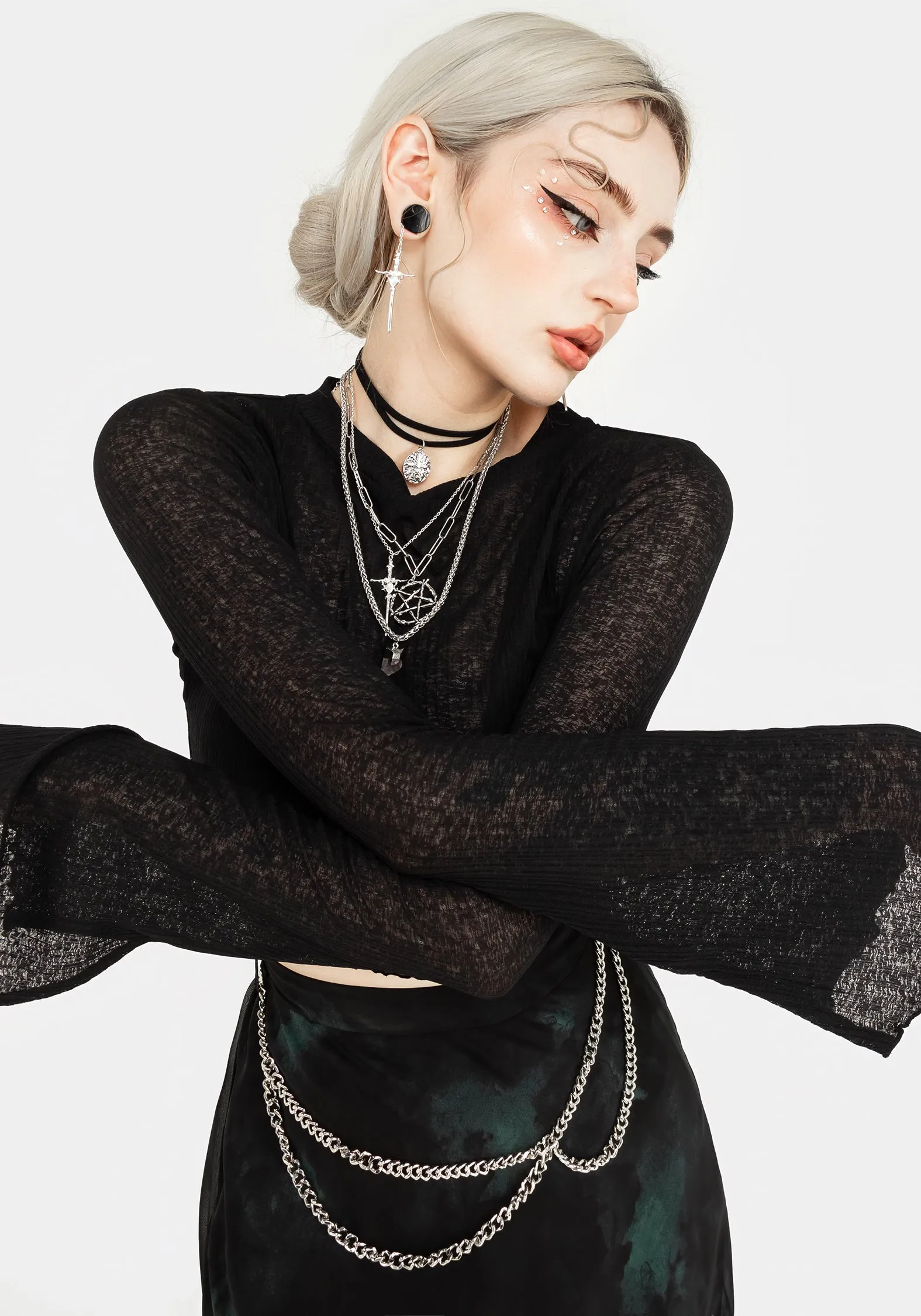 Elbow length cuff Cassia Jersey Mesh Crop Top