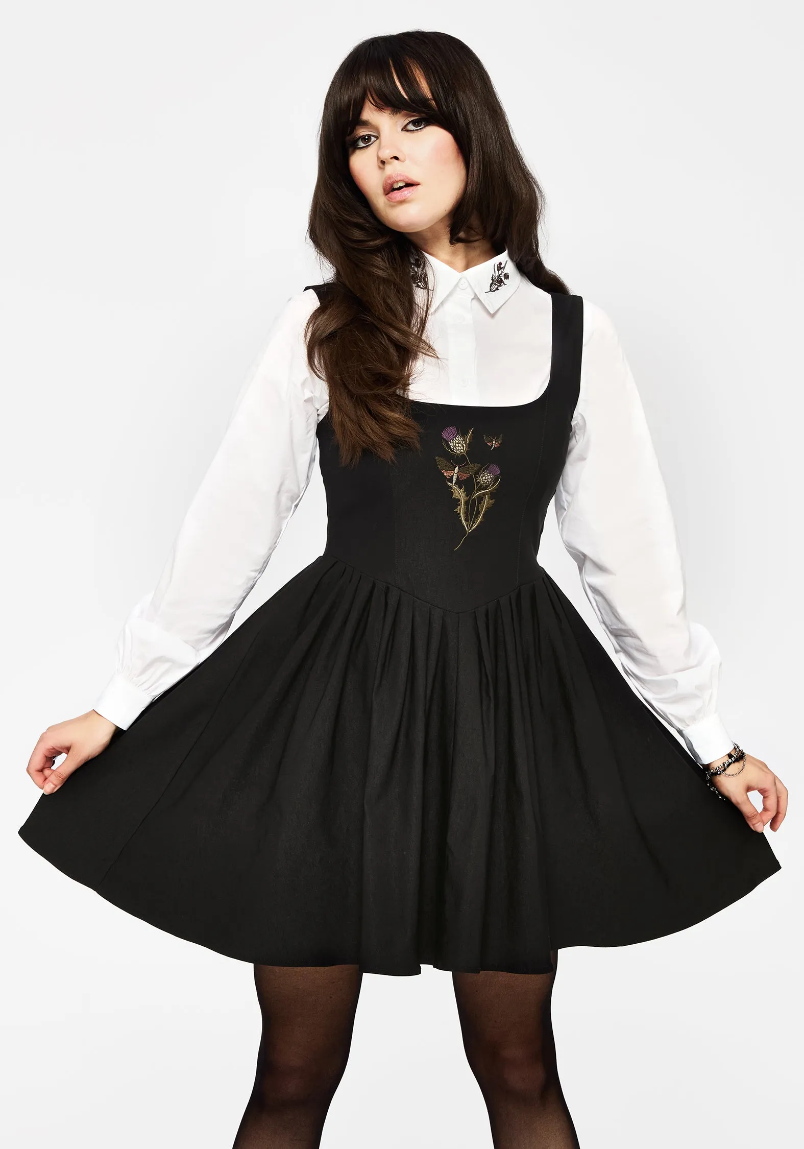 Despair Thistle Embroidered Corset Bodice Pleated Mini Dress Crinkle Effect Simple Bow