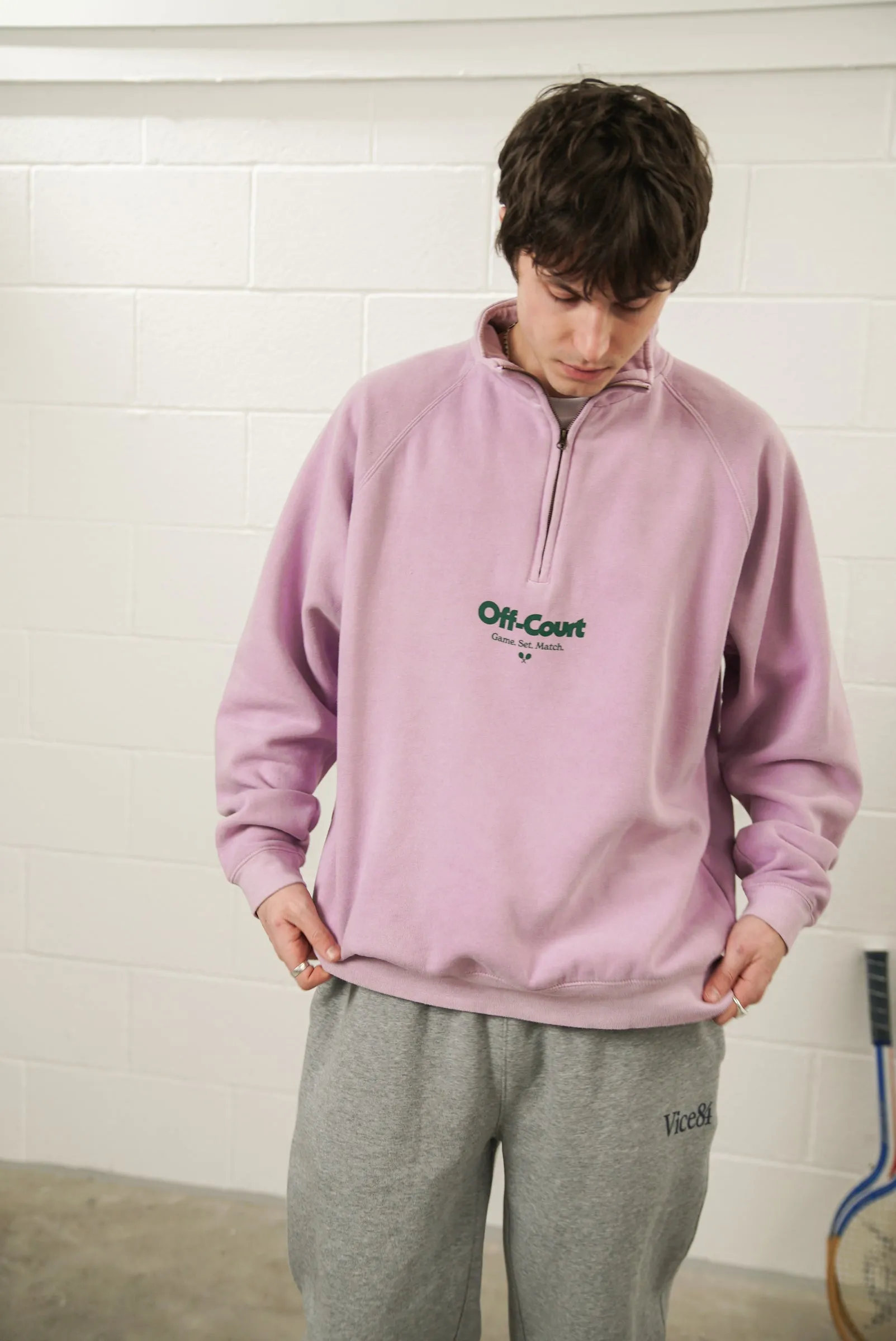 Snuggly Feel Vice 84 'Off-Court GSM' Washed 1/4 Zip Sweater - Pink