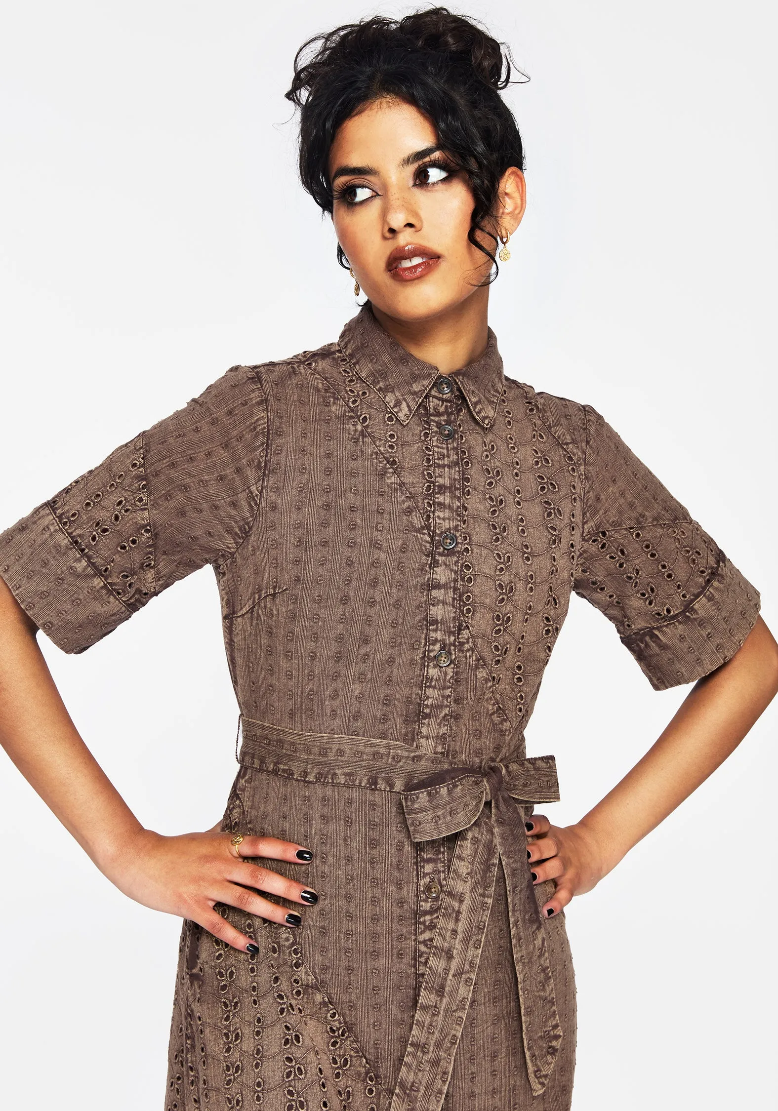 Summerisle Cotton Broderie Detail Tie Wrap Midi Shirt Dress summer breeze Balanced Shape