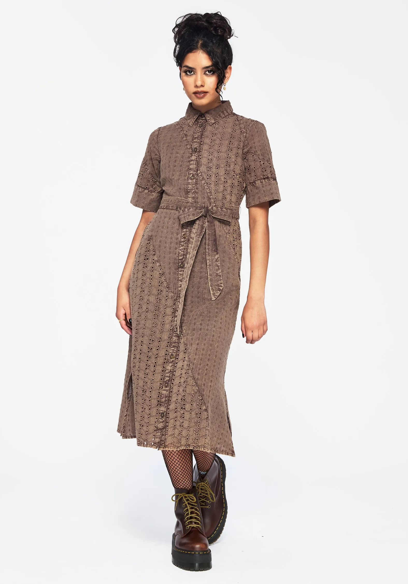 Care-Instructions-Included Snap-Closure Summerisle Cotton Broderie Detail Tie Wrap Midi Shirt Dress